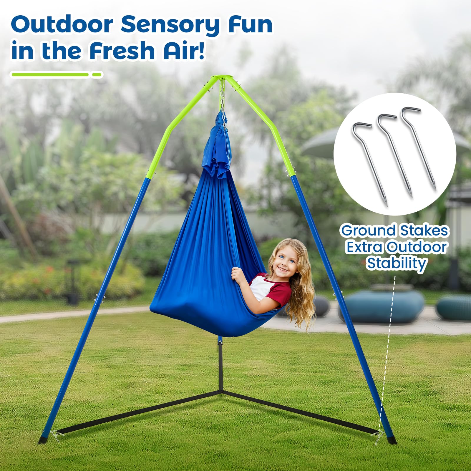 FUNLIO Soporte de Hamaca 2 en 1, Set de Hamaca Colgante con Marco Triangular, Soporte de Acero Resistente, 90 kg Capacidad, Interior & Exterior, Diseño Altura Ajustable