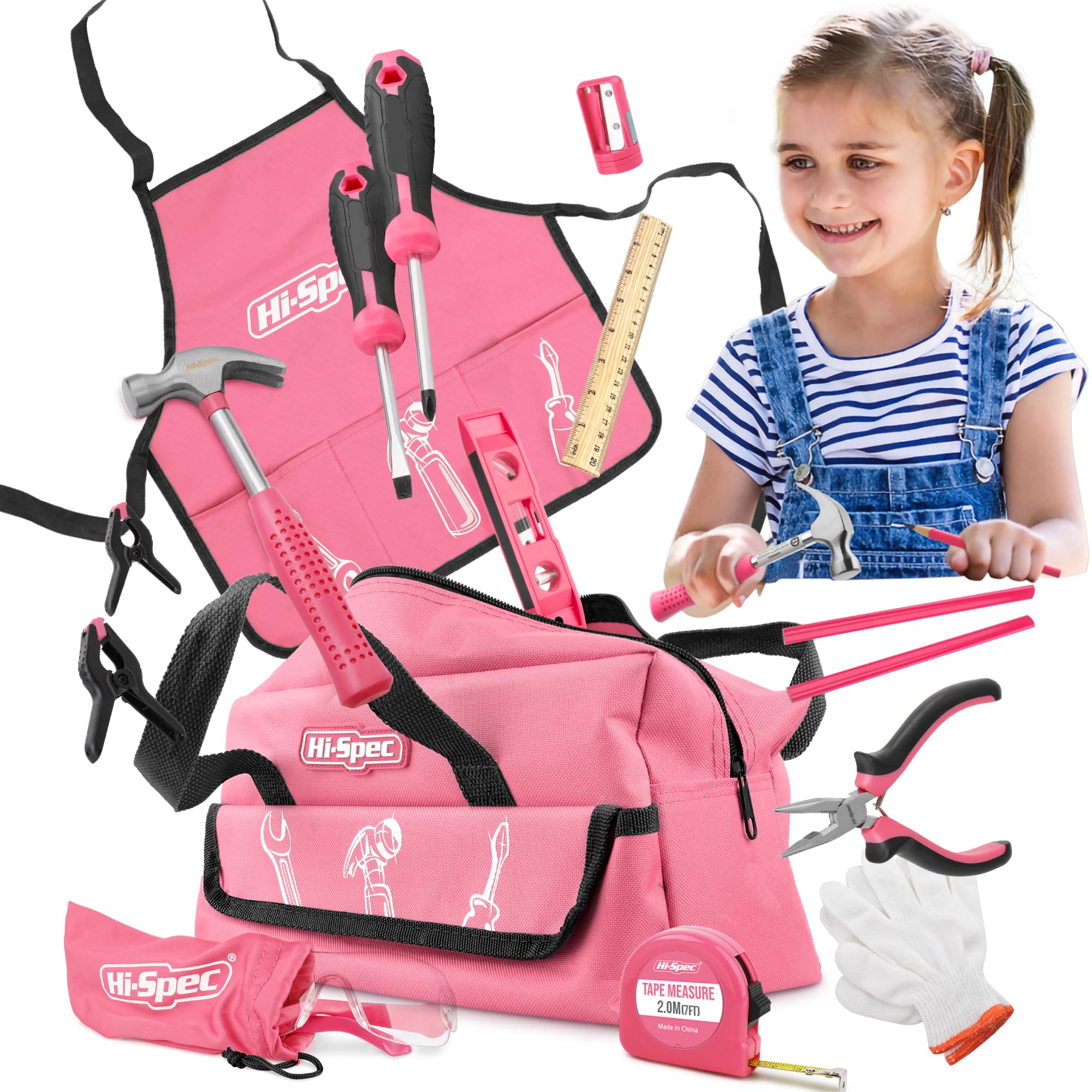 Hi-Spec 18pc Pink Kids Tool Kit Set & Child Size Tool Bag. Real Kit for DIY Building, Woodwork & Construction
