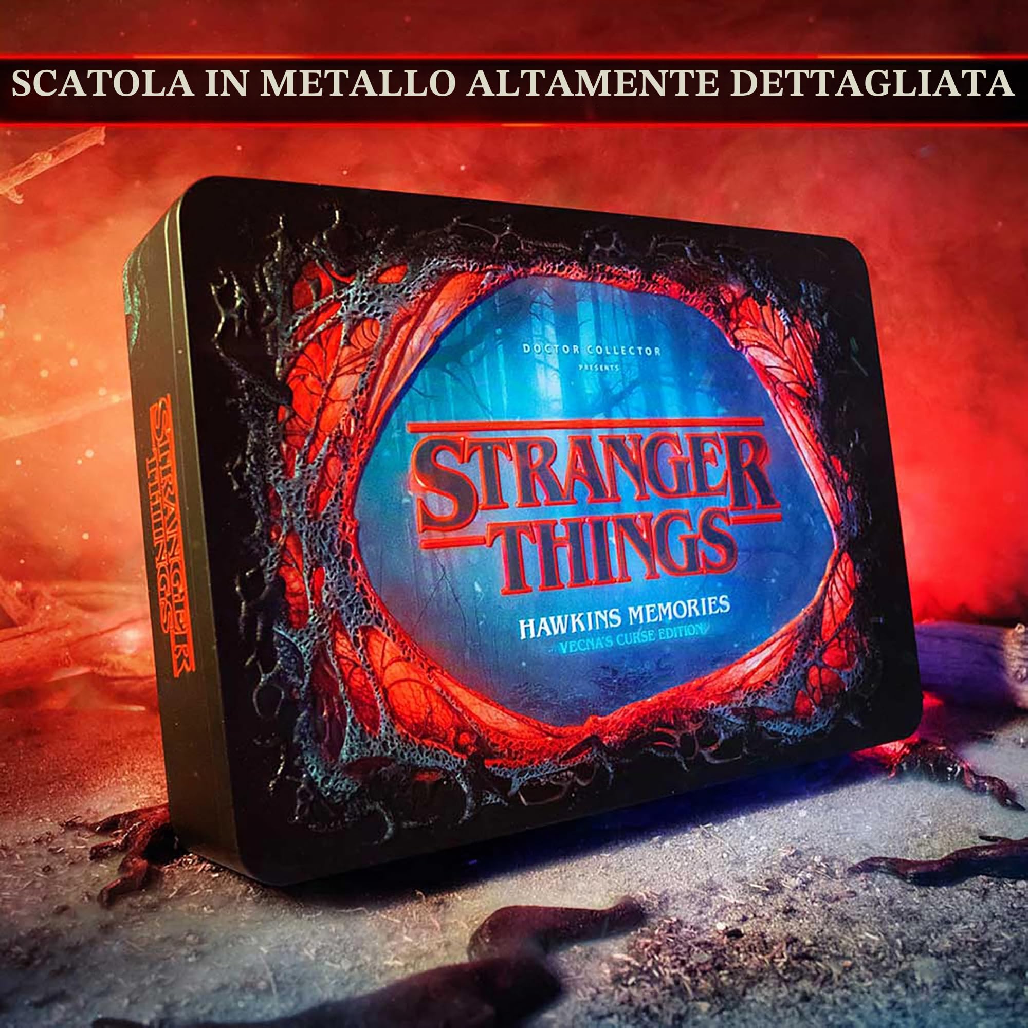 Doctor Collector Stranger Things Hawkins Memories Vecna’s Curse Edizione Limitata, Collectible Set Tin Box, edizione da collezione ufficiale con accessori esclusivi in scatola di metallo, age 14+