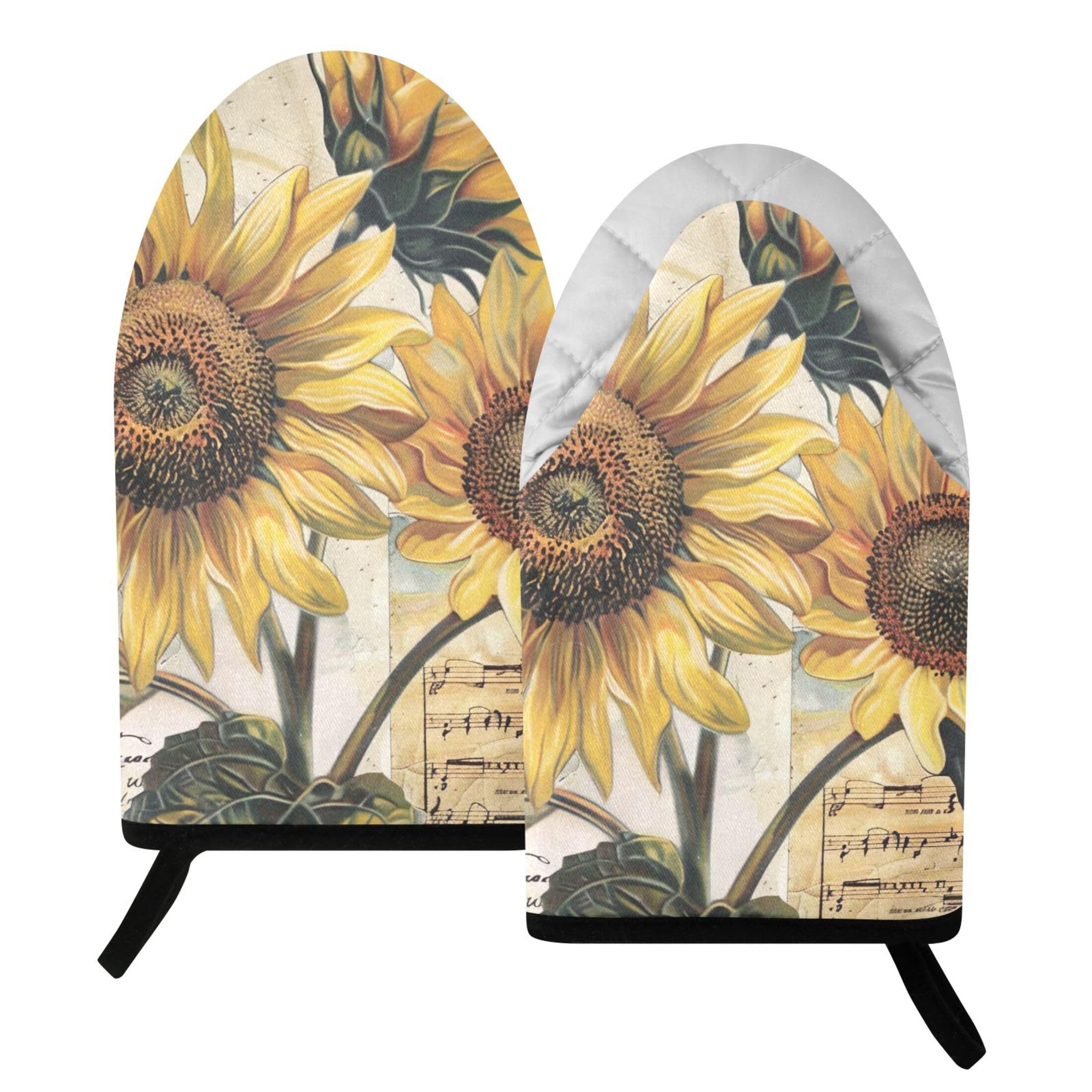 Kutsu Vintage Sunflower Oven Mitts for Kitchen, Heat Resistant Cotton Oven Gloves for BBQ Baking Cooking, Breathable Kitchen Essentials, 2 pcs
