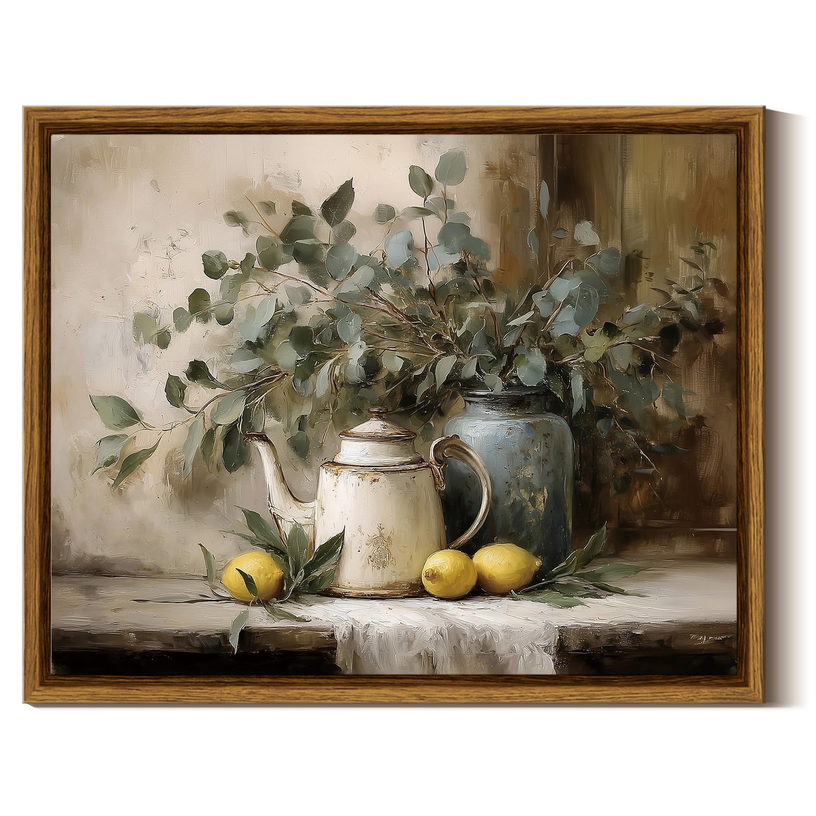 InSimSea Framed Canvas Wall Art, Vintage Kitchen Still Life Oil Painting Print, Rustic Enamel Teapot with Lemons, French Country Farmhouse Wall Art
