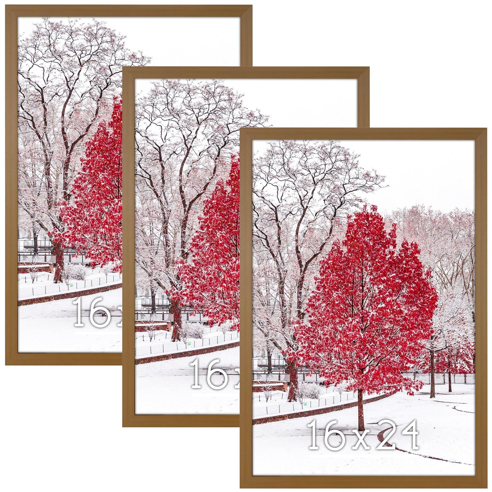 HLiWEGNS 3Pack 16x24 Poster Frame, 16x24 Picture Frame Light Brown, Gallery Frame with Plexiglass for Display Artwork, Large Vintage 24 x 16 Frame Set for Wedding Brthday Portrait Puzzles Canvas Gift