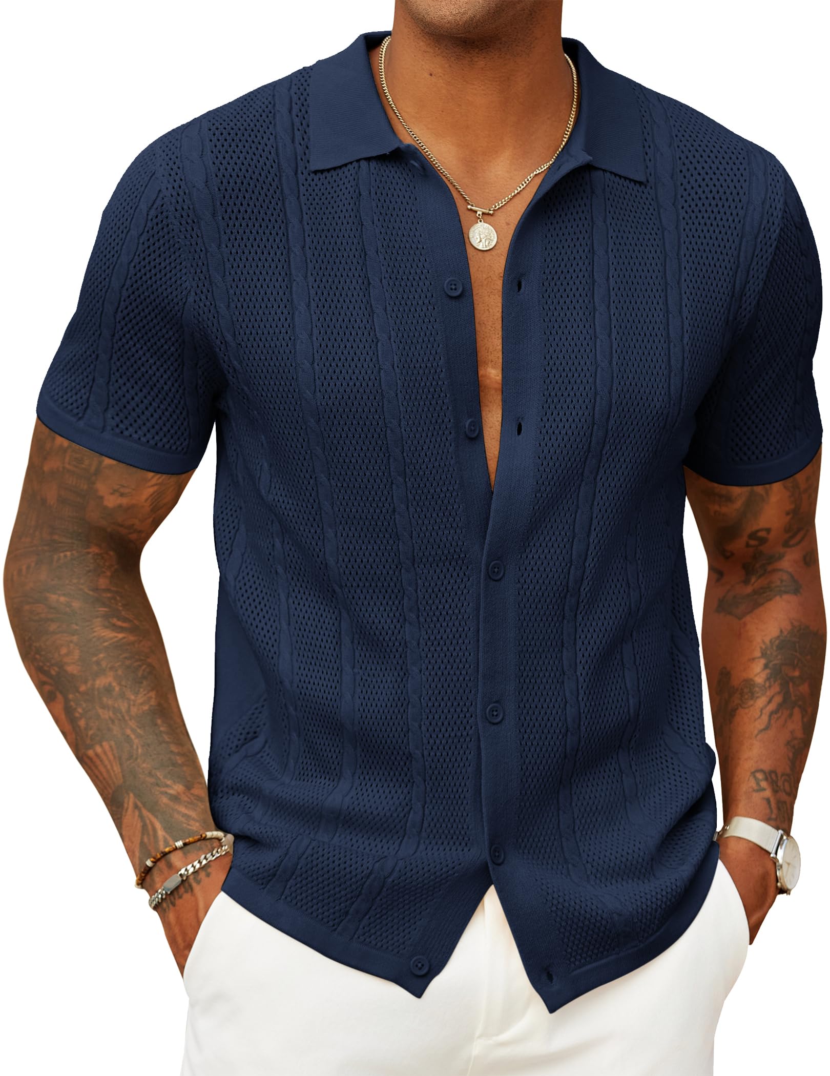 Photo 1 of COOFANDY Mens Summer Button Down Shirt Knitted Vintage Tees Vacation Shirts Short Sleeve Big and Tall Crochet Shirt Knitted Beach T-Shirts Navy Blue