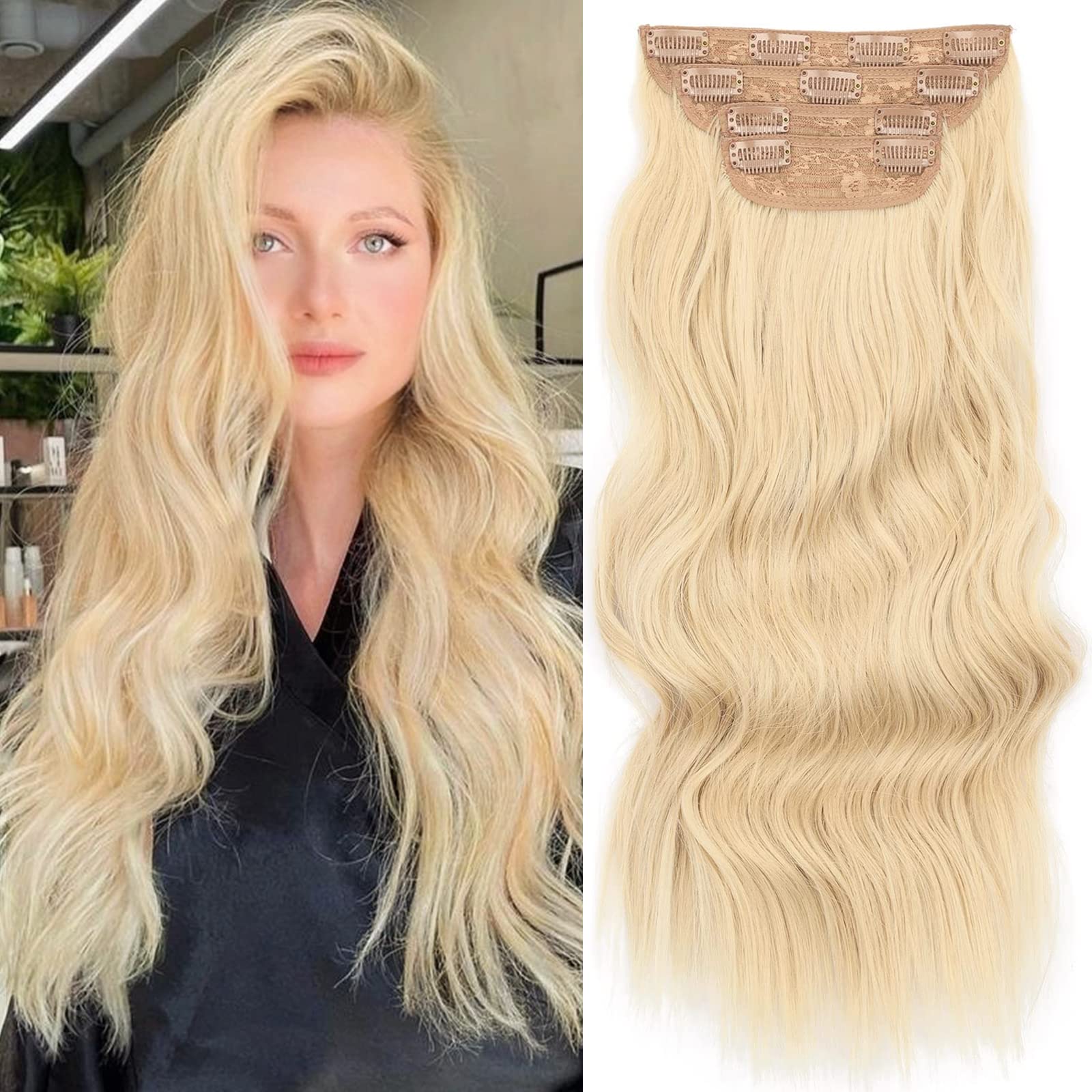 Sué Exquisite 4PCS Clip in Long Soft Glam Waves Thick Hairpieces 20 inches Light Blonde Hair Extensions Synthetic Fiber Double Weft Hair for Women Full Head