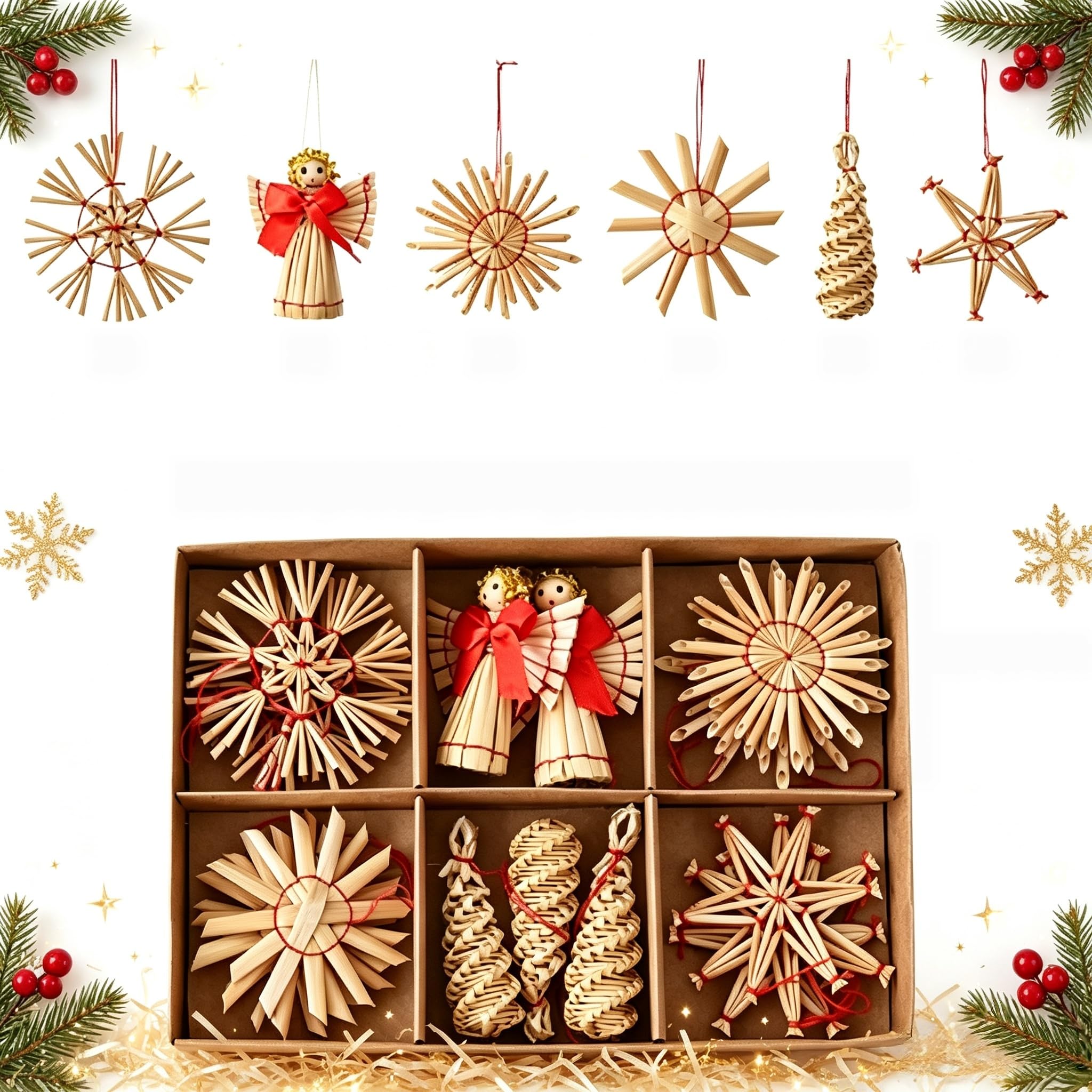 17Pcs Scandinavian Straw Christmas Ornaments Set Nordic Tree Hanging Decor