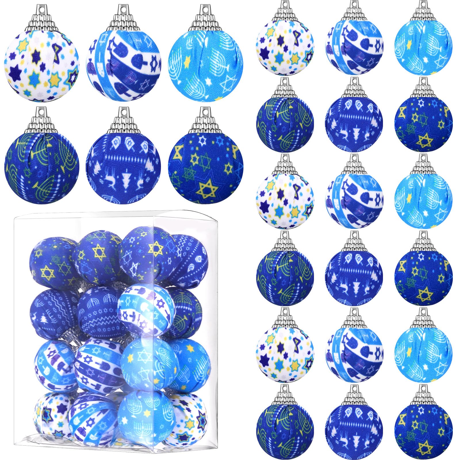 Lenwen 24 Pcs Hanukkah Ball Ornaments Hanukkah Tree Ornaments Blue and White Christmas Tree Decorations for Hanukkah Xmas Party Holiday Decoration