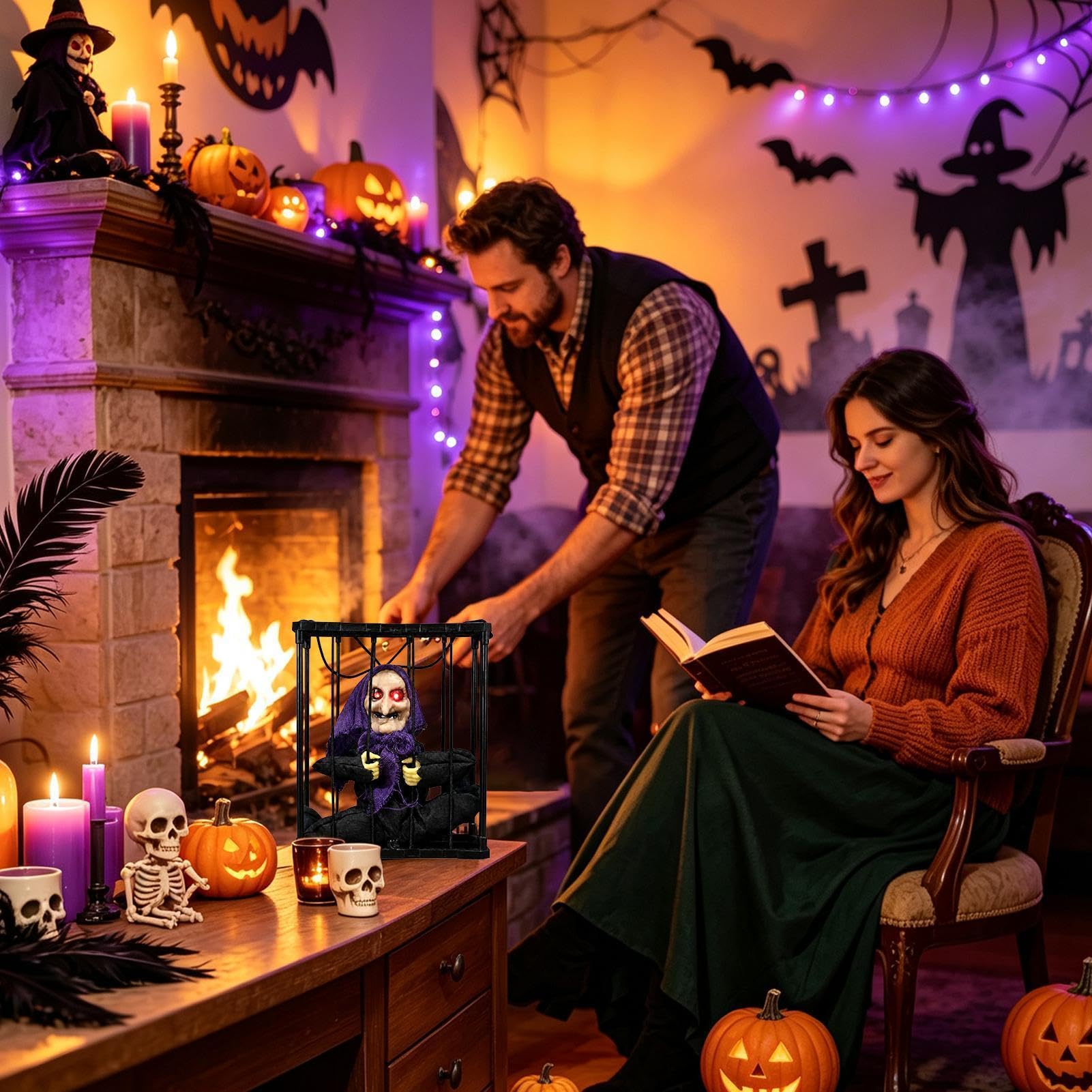 Halloween animowane dekoracje straszne efekty dźwiękowe świecące oczy