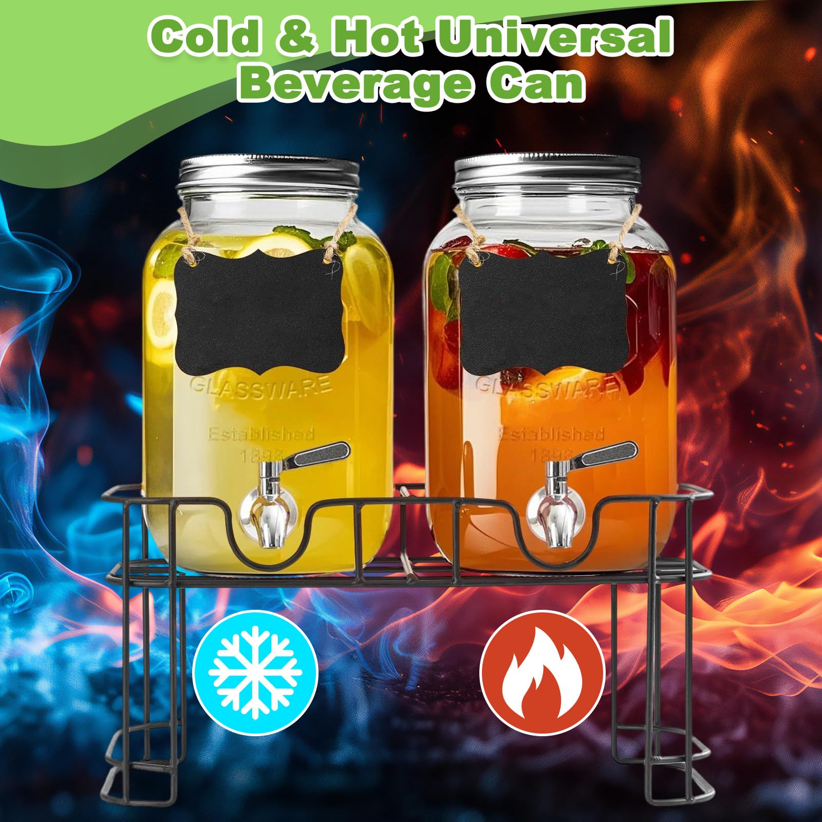 Dispensador de bebidas de vidrio 4L, 2 unidades con grifo, soporte metálico y tubo para hielo - Jarra para jugo agua fiestas bodas, camping