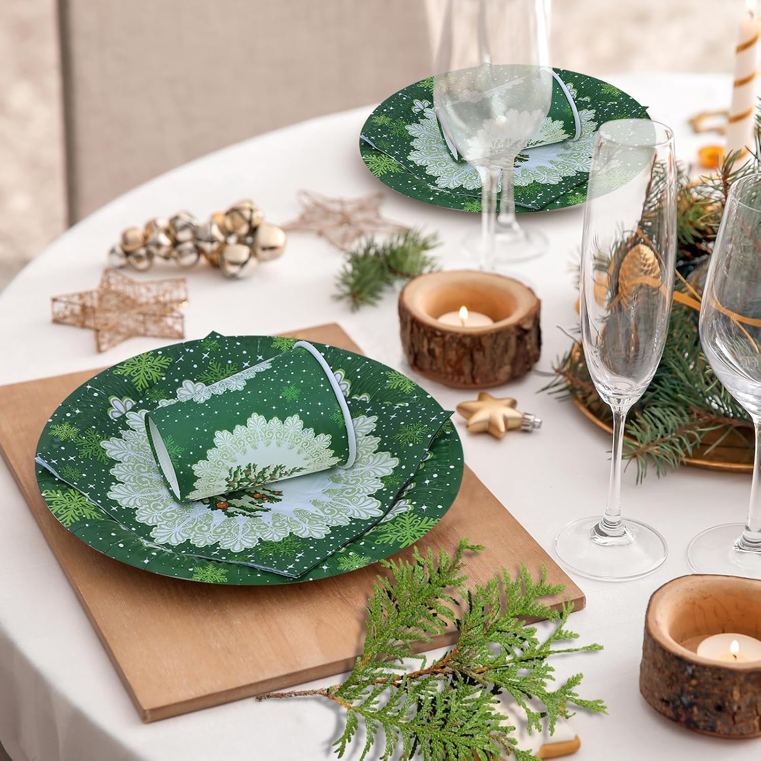 Christmas Party Plates Napkins Paper Cups Tableware Set 96 Pieces Paper Plates Disposable Green Christmas Tree Table Decorations Party Supplies - Image 3