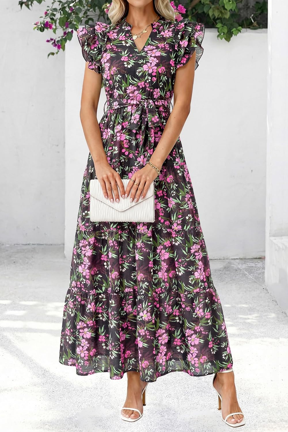 dowerme Women Summer Maxi Dresses 2026 Ruffle Sleeve V Neck Floral Boho Long Dress Belted Tiered Sundress with Pockets - Image 3