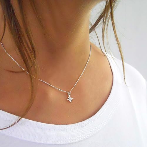 Miniatura 6 de Annika Bella Sterling Silver Star Necklace for Women, Length 16-18 Inches, Tiny Cubic Zirconia North-Star Charm Pendant Necklace, Waterproof,