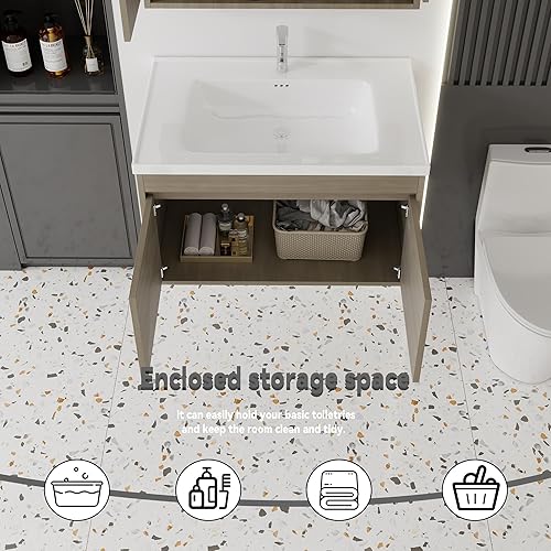 Miniatura 236 de Tocador de baño de 20 pulgadas con lavabo de cerámica, tocador de baño pequeño montado en la pared con puerta de cierre suave, gabinete flotante
