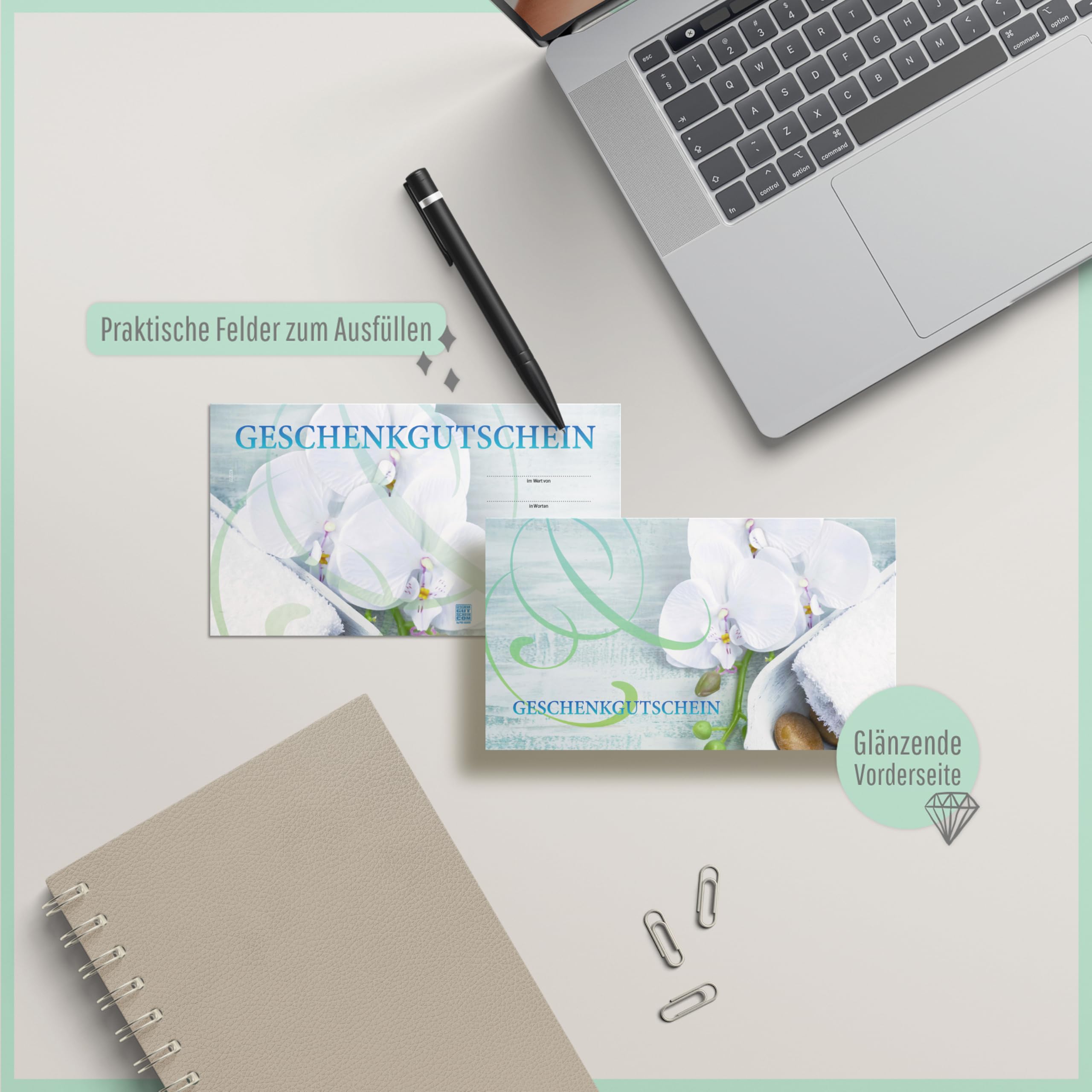 Gutschein-Set. 50x Gutschein + Kuvert + Schleife. Für Kosmetiksalon Kosmetik Wellness Spa Massageinstitute, blanko zum selber Ausfüllen.