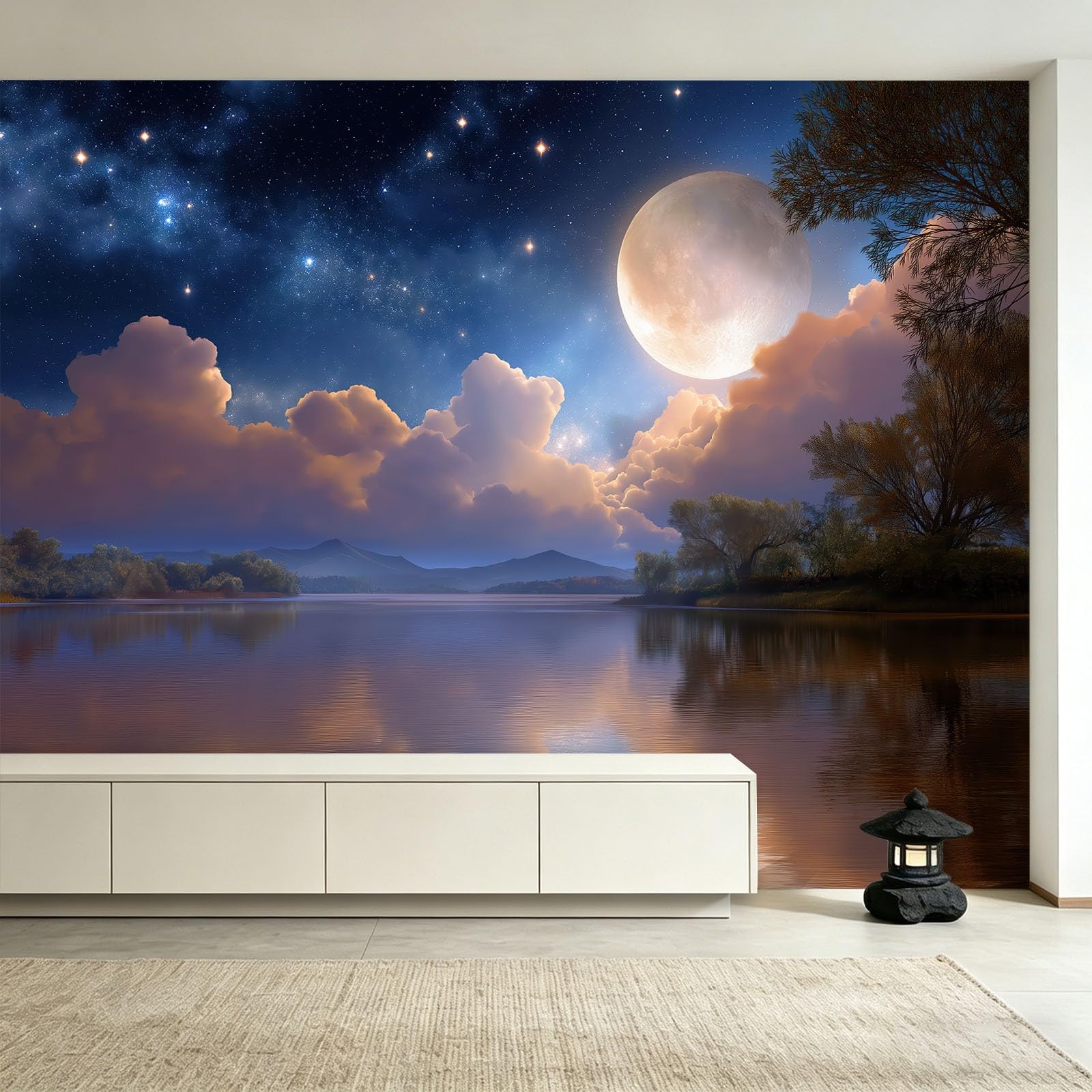 Nocne niebo księżyc jezioro tapeta - gwiaździste niebo jezioro marzycielski design fototapeta - murale ścienne do salonu, sypialni, pokoju dziecięcego i kuchni, fototapeta i dekoracja wnętrz, 200 x