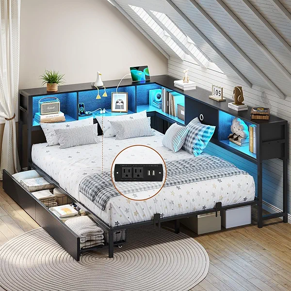 DICTAC Full Corner Bed Frame with Bookcase Storage and Led Lights Metal Platform Bed Frame Full Size with Storage Drawers & Charging Station Full Size Daybed for Living Room,Bedroom,Guest Room,Black
