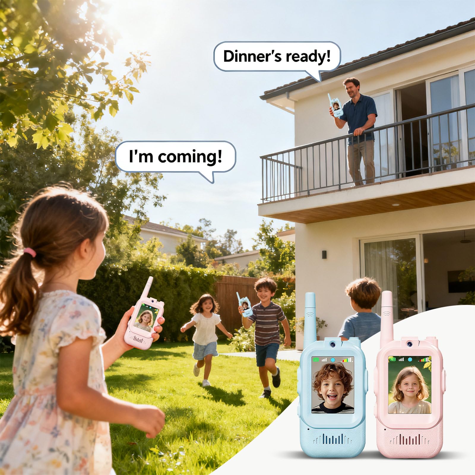 Talkie Walkie Enfants avec Vidéo & Caméra HD, Talkie-Walkie Rechargeable USB (650mAh), 4 Modes de Voix Changée, Portée 100-400m, Cadeau pour Garçons/Filles (Bleu + Rose)