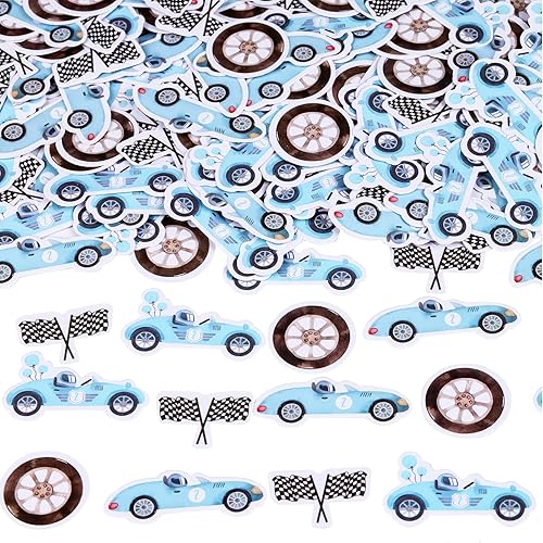 Decoraciones vintage de segundo cumpleaños para niños, 200 unidades, bandera de coche de carreras, confeti azul, dos decoraciones de mesa de