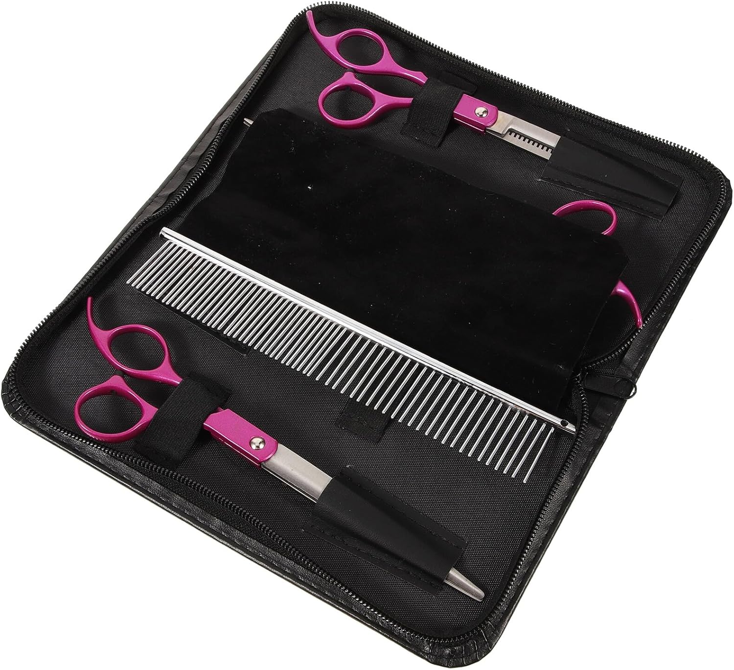 Pet Grooming Scissors Set 3pcs Dog Hair Trimming Shears Straight Thinning Curved 7.0 Inch Rose Red with Comb and Carrying Case for Professional Dog Groomers