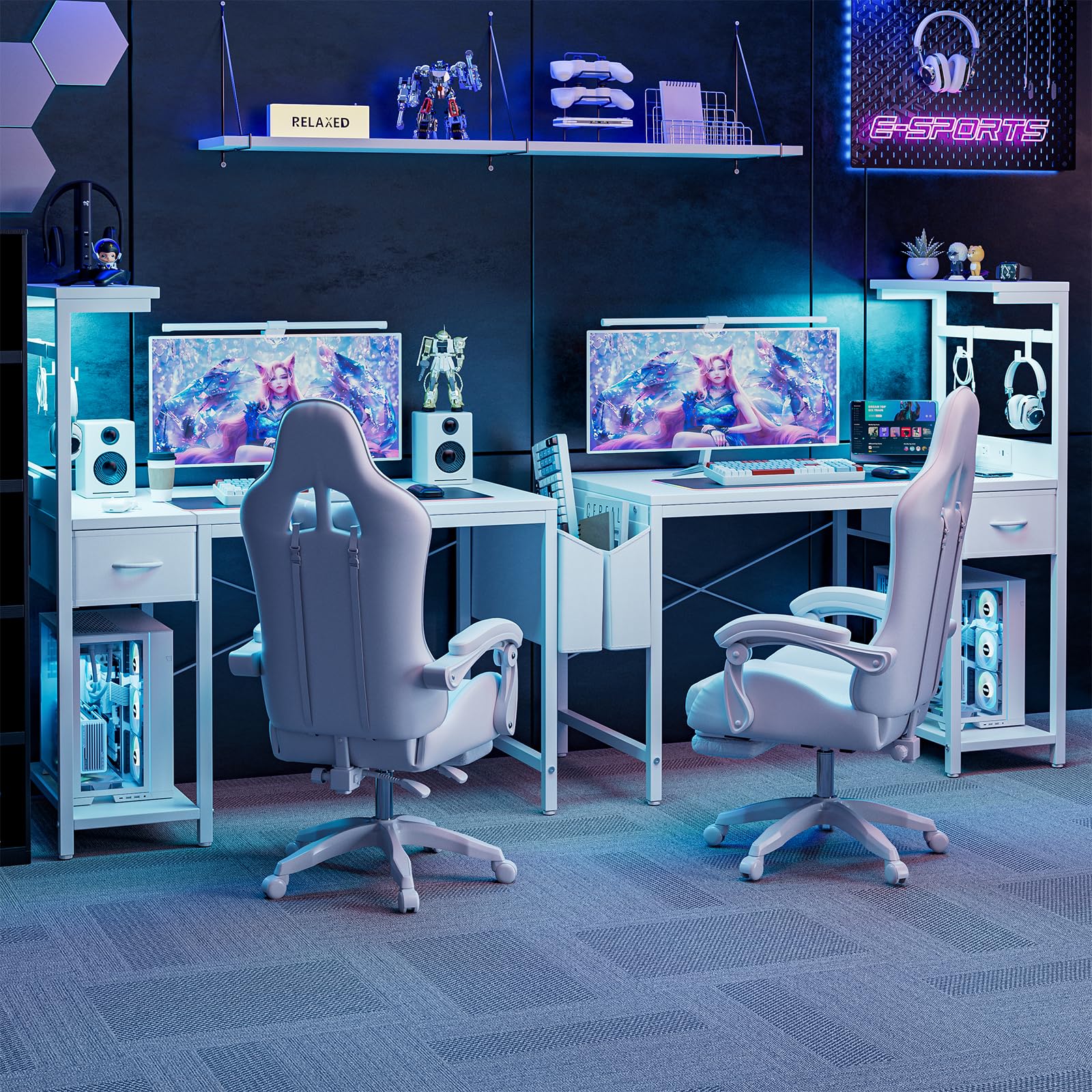 Grandder Escritorio Gaming 120x50 cm con Enchufe LED RGB Estantes Abatibles Cajón Organizador para PC Portátil Hogar/Oficina Incluye Bolso Fibra Carbono Negro
