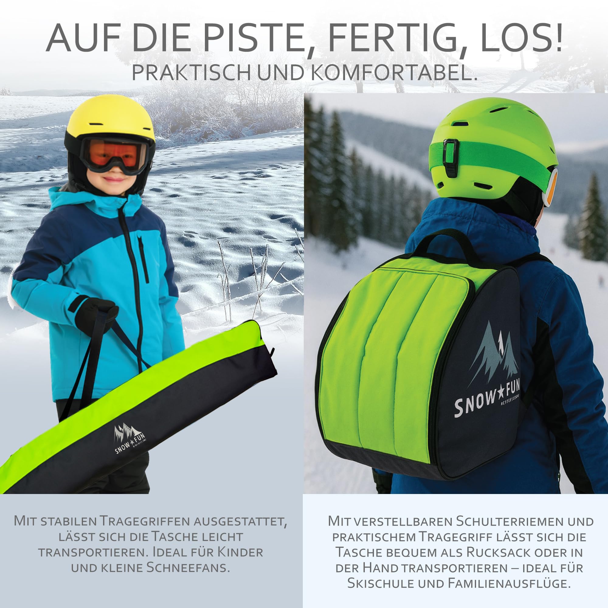 BambiniWelt Kinder Ski Set 125 cm Skitasche & Skischuhtasche Cordura, wasserdicht Skischuhrucksack Helmfach & Skibrillenfach – Skischule & Wintersport
