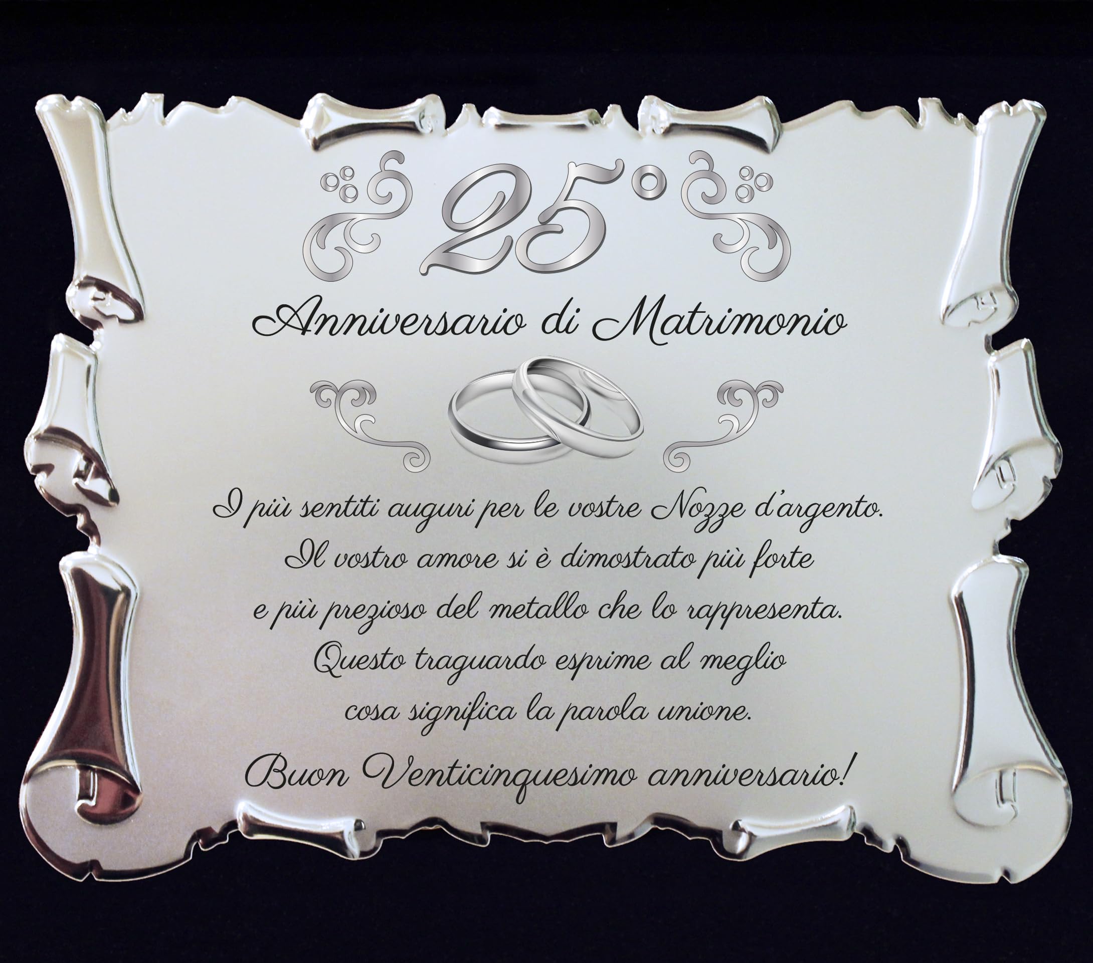 Targa per Venticinquesimo Anniversario di Matrimonio | Congratulazioni 25° Anniversario di Nozze | Regalo Nozze d'argento Pergamena su Cofanetto Blu