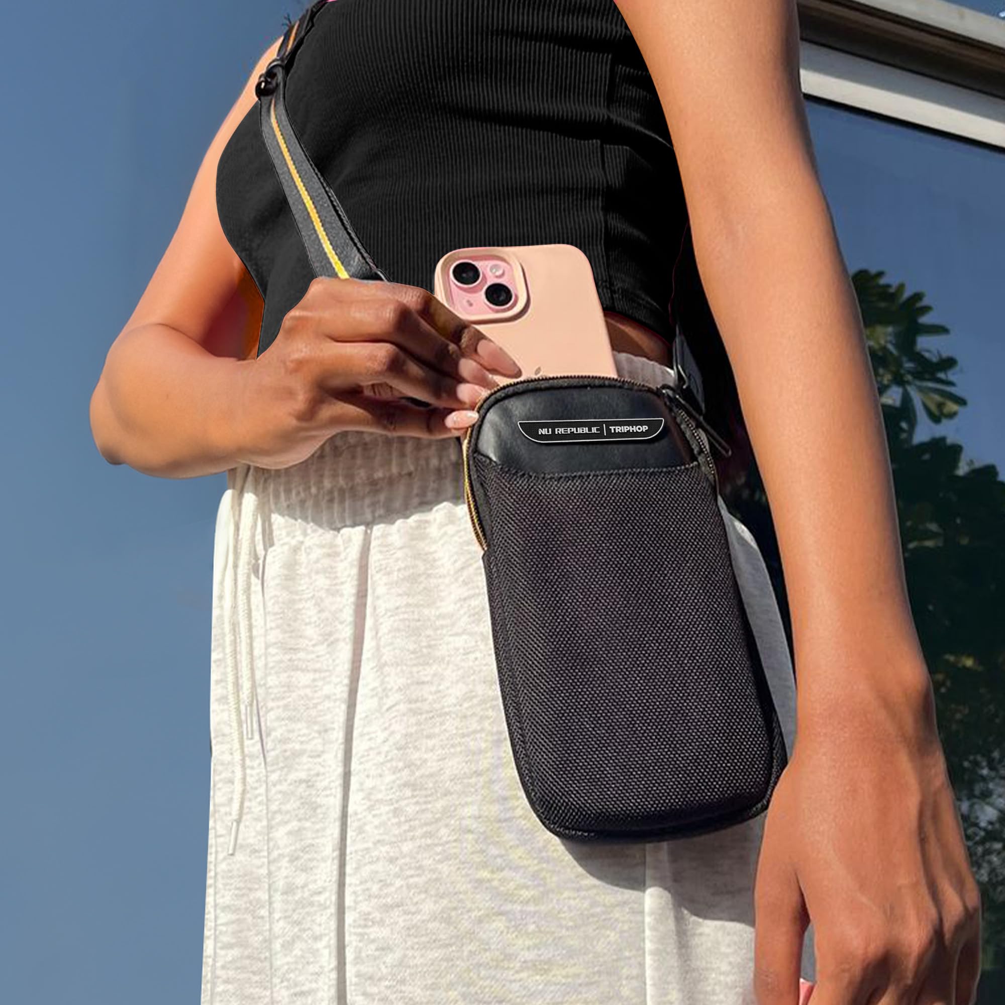 Nu Republic Triphop Voyager Sling Bag | Carbon Fibre Finish | Vegan Leather | Water-Resistant | Adjustable Crossbody Chest Bag for Men & Women | Travel & Everyday Carry (Black) 1