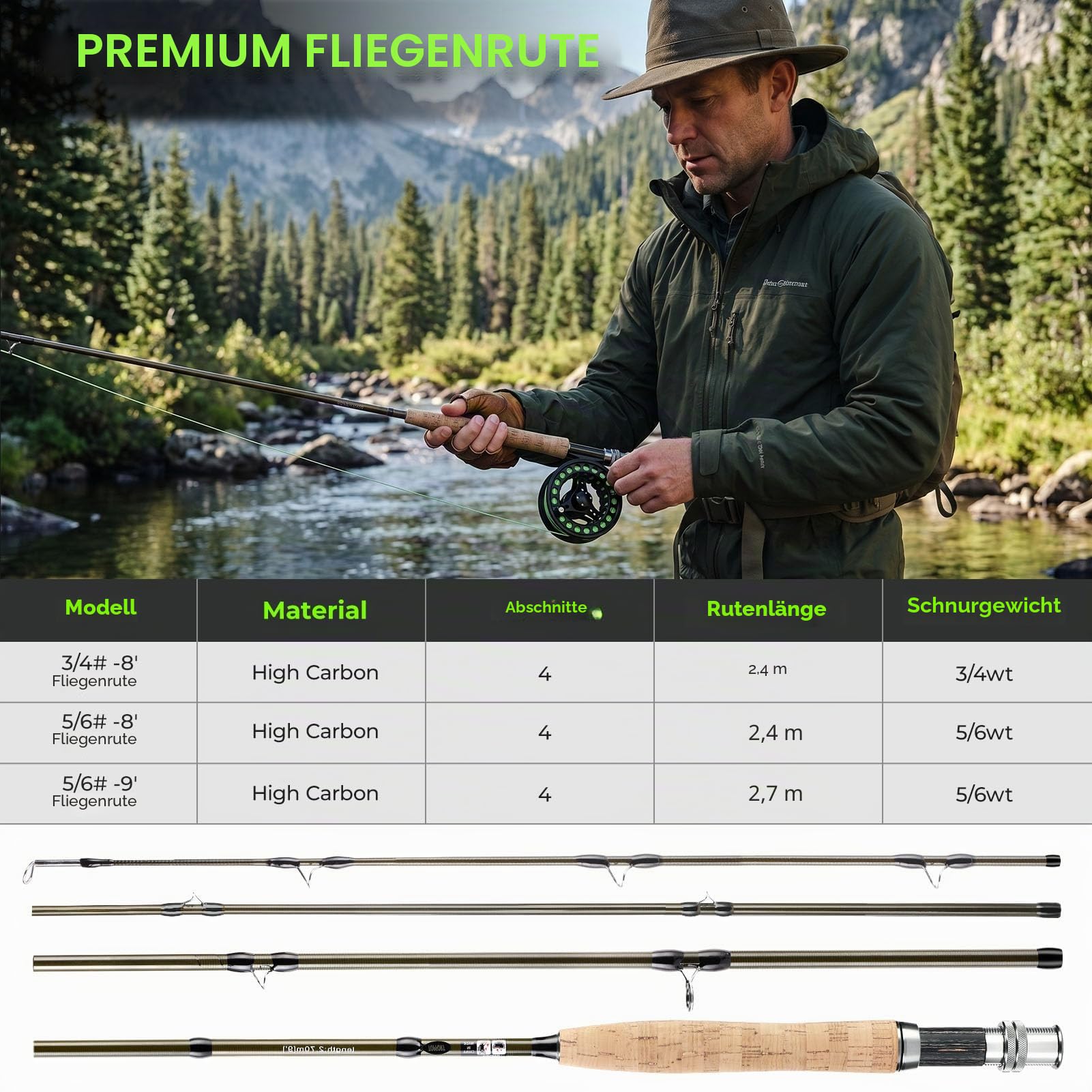 TOPFORT Fliegenfischrute und Rolle Combo Starter Kit, 4-teiliges leichtes Ultra-tragbares Graphit-Fliegenrute, komplettes Starterpaket mit Tragetasche