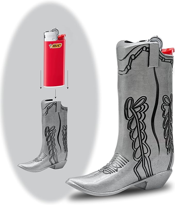 Cowboy Boot Lighter Case Silver Metal by HMC for Mini Bic