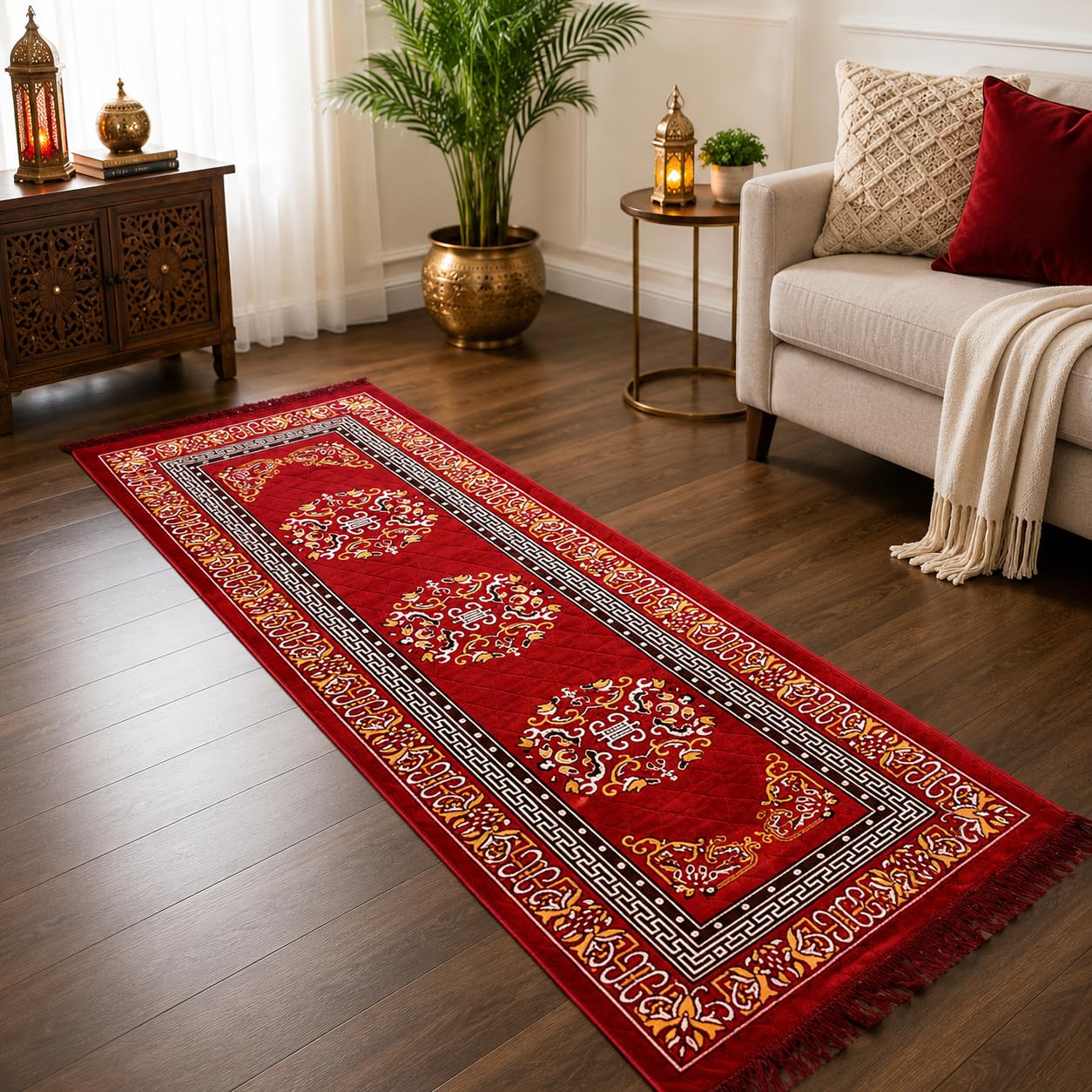 BENAVJI Traditional Floral Printed Carpet Rug for Living Room | Soft Floor Mat with Decorative Tassel Border | Anti-Skid Multipurpose Area Rug for Bedroom, Hall & Home Décor Pack of 2-image-11