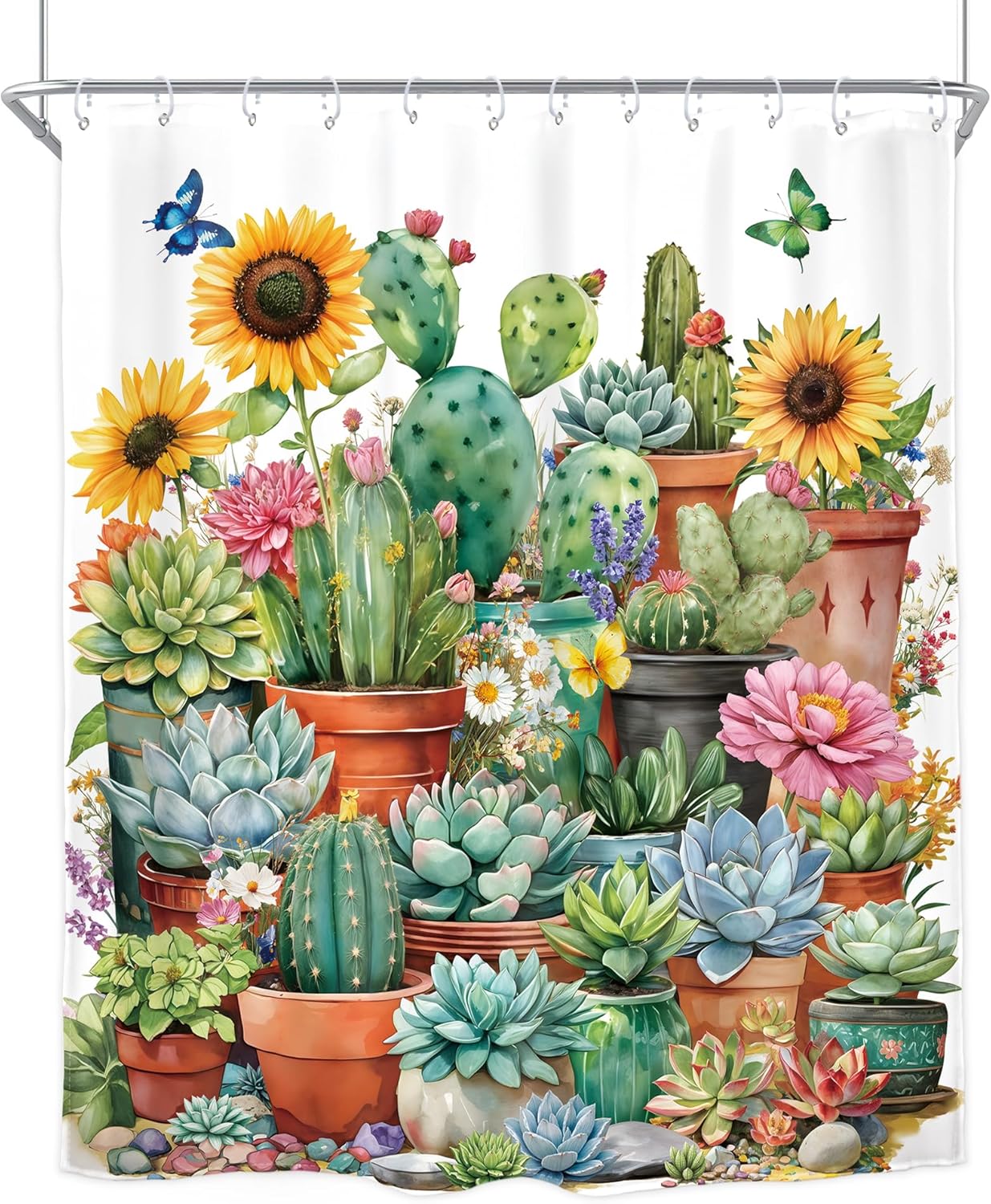 Homewelle Succulent Plants Shower Curtain Colorful Floral Flower Leaves Botanical Cactus Sunflower Butterfly Natural Elegance 60Wx72H Inch Modern Waterproof Polyester Fabric Bathroom Bathtub