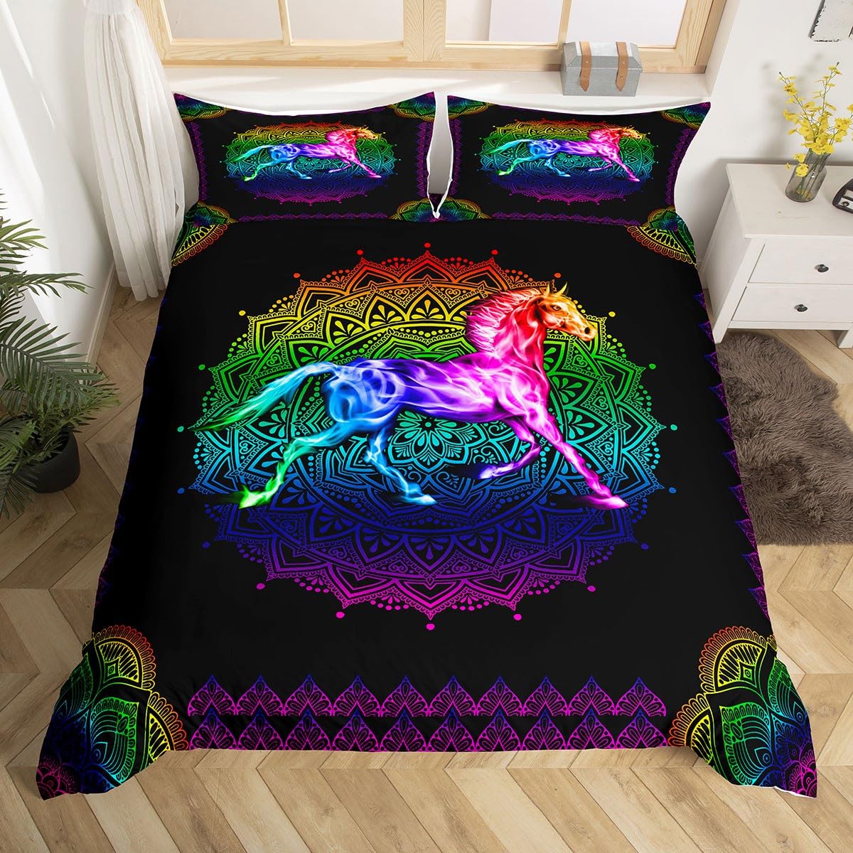 Manfei Boys Multi 13 Watercolor Horse Duvet Cover Set Double Size, Colorful Mandala Flower Bedding Set 3Pcs For Kids Girls Bedroom Decor, Boho Exotic Comforter Cover Animal Theme Quilt Cover With 2 Pillowcases