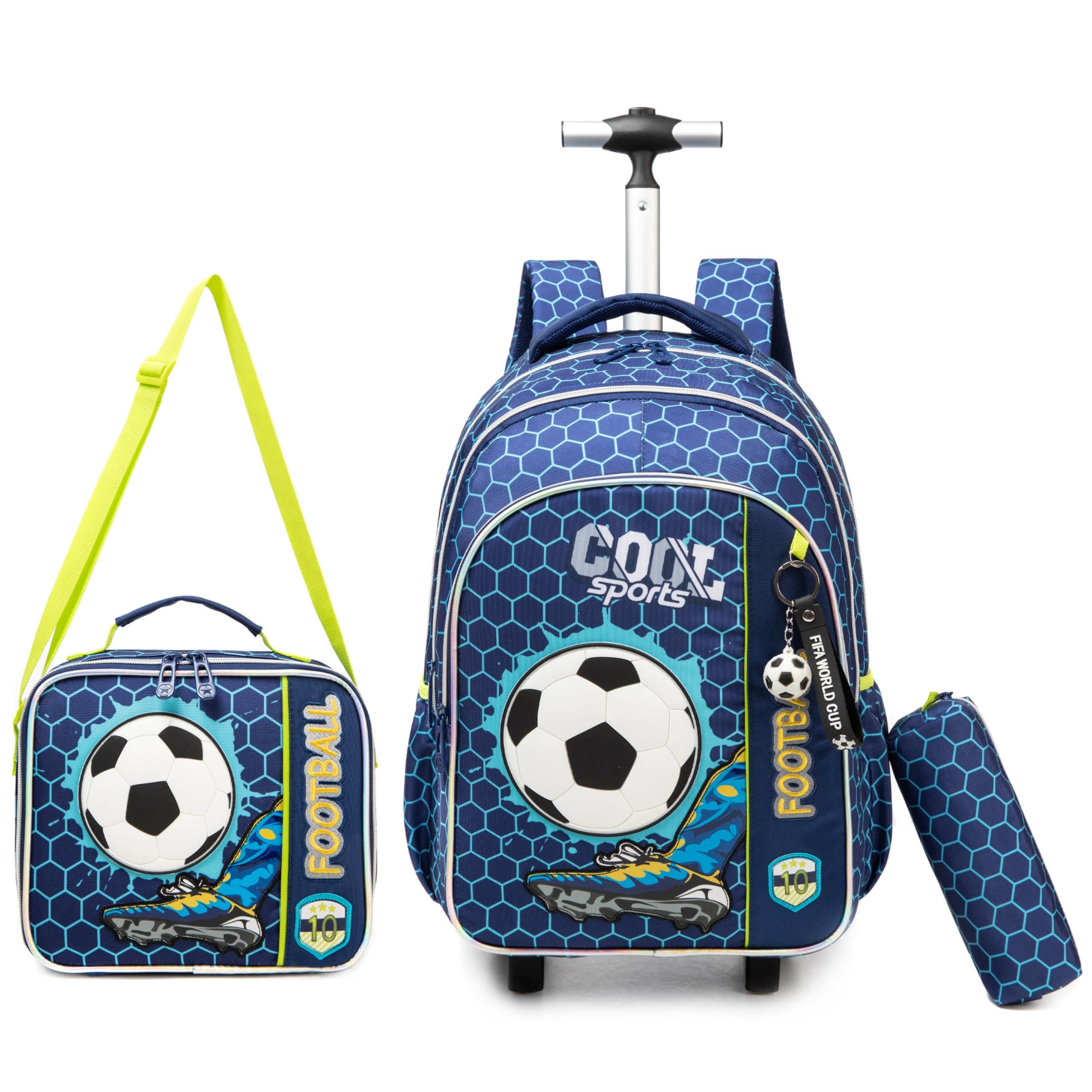 Egchescebo Kids Football Rolling Backpack for Boys Suitcases Trolley Backpacks with Wheels 17” 3pcs Roller Luggage Backpacks with Lunch Box Pencil Case for Elementary Boy Travel Soccer school Bag Blue