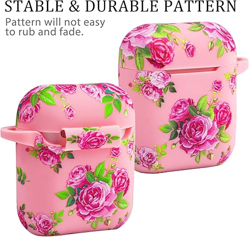 Miniatura 2 de LitoDream - Funda de silicona suave y flexible con llavero para cargador de Apple AirPods 2 y 1, para niñas (flores rosas y rojas)