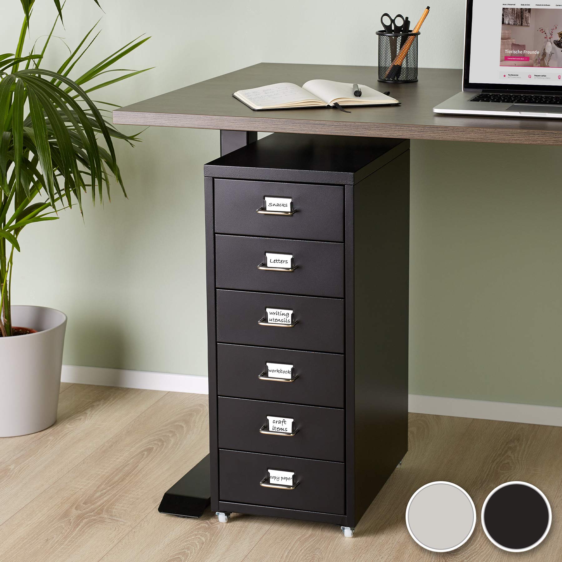 tectake® Caisson de Bureau Métallique Industriel 41 x 28 x 69 cm - Meuble de Rangement avec 6 Tiroirs pour Papier Administratif
