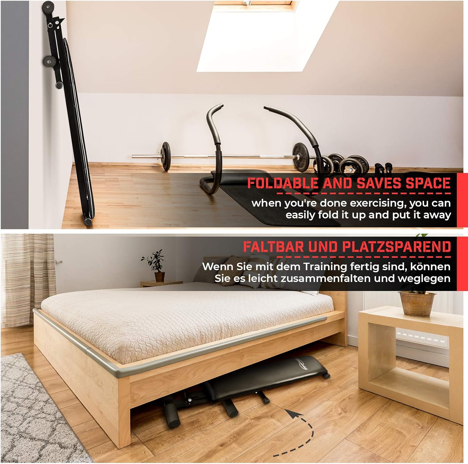 Two images showing the Physionics abdominal bench folded: one stored upright against a wall, and another stored flat under a bed.