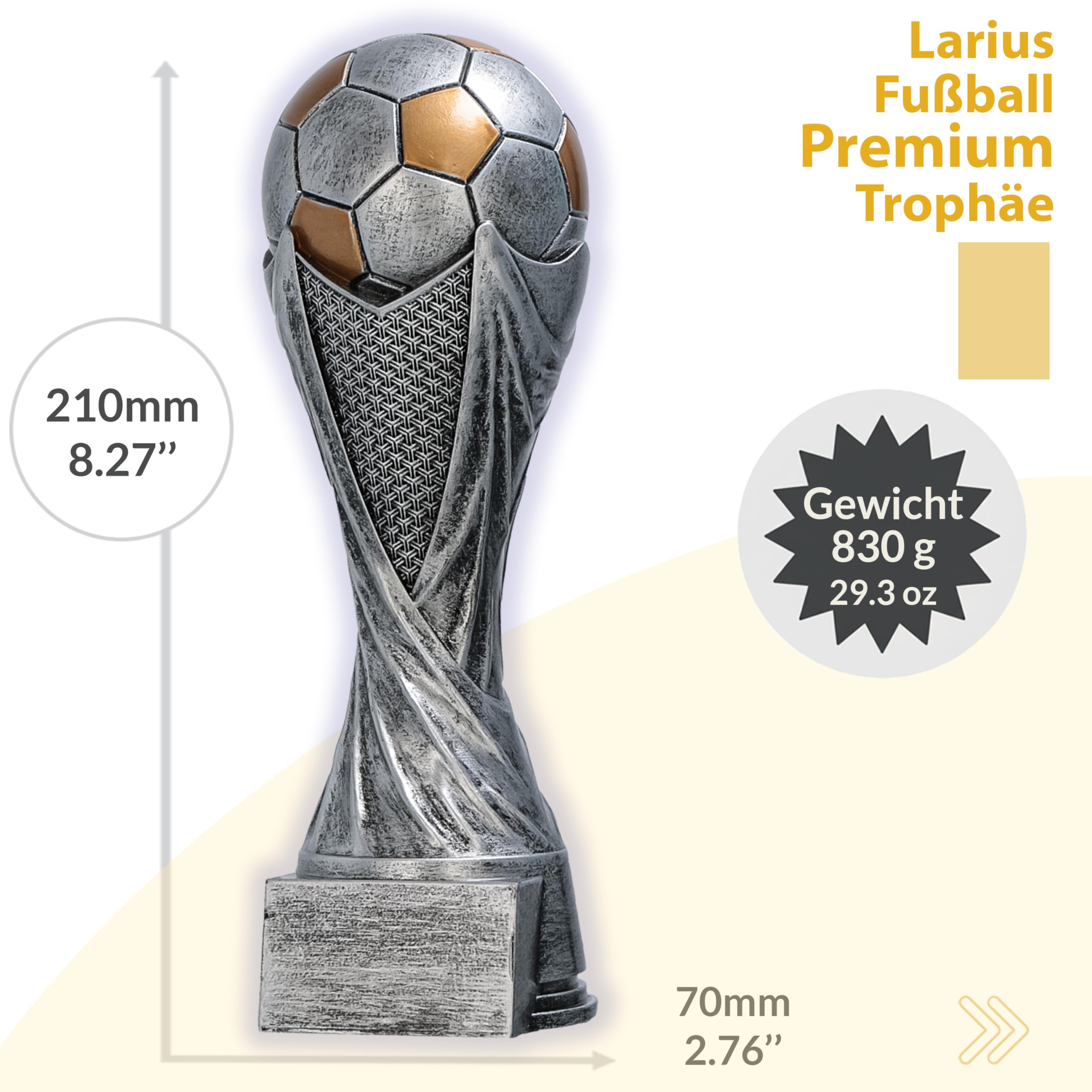 Larius Trophée Football avec Ballon 15–21 cm (300–830 g) – Coupe Lourde en Résine avec Gravure Optionnelle – pour Tournois, MVP, Meilleur Buteur & 1re–3e Place – M5