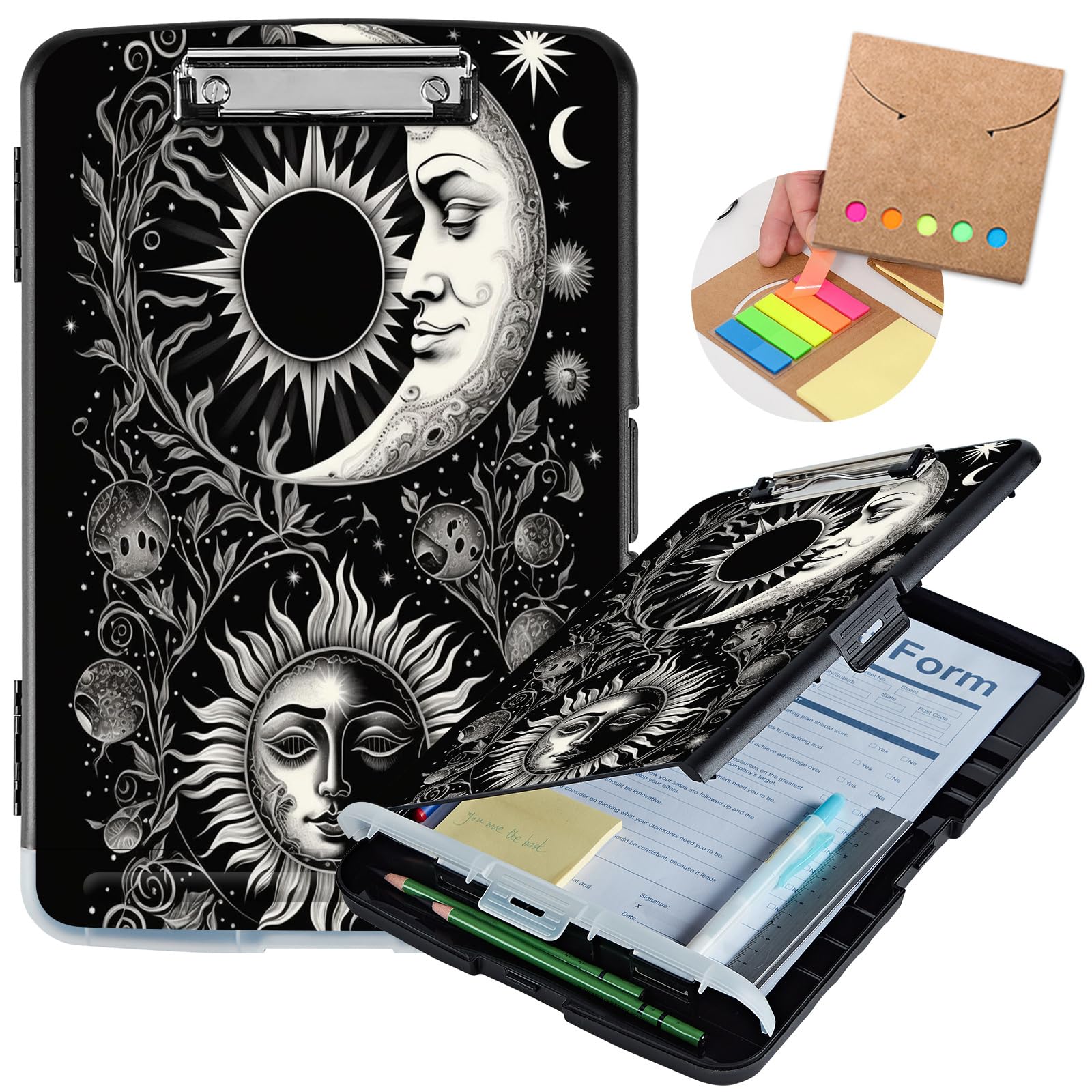 Clipboard with Storage,Heavy Duty Plastic Storage Clipboard with Low Profile Clip,Teacher Must Haves,Office Supplies,Soon Moon Stars Black