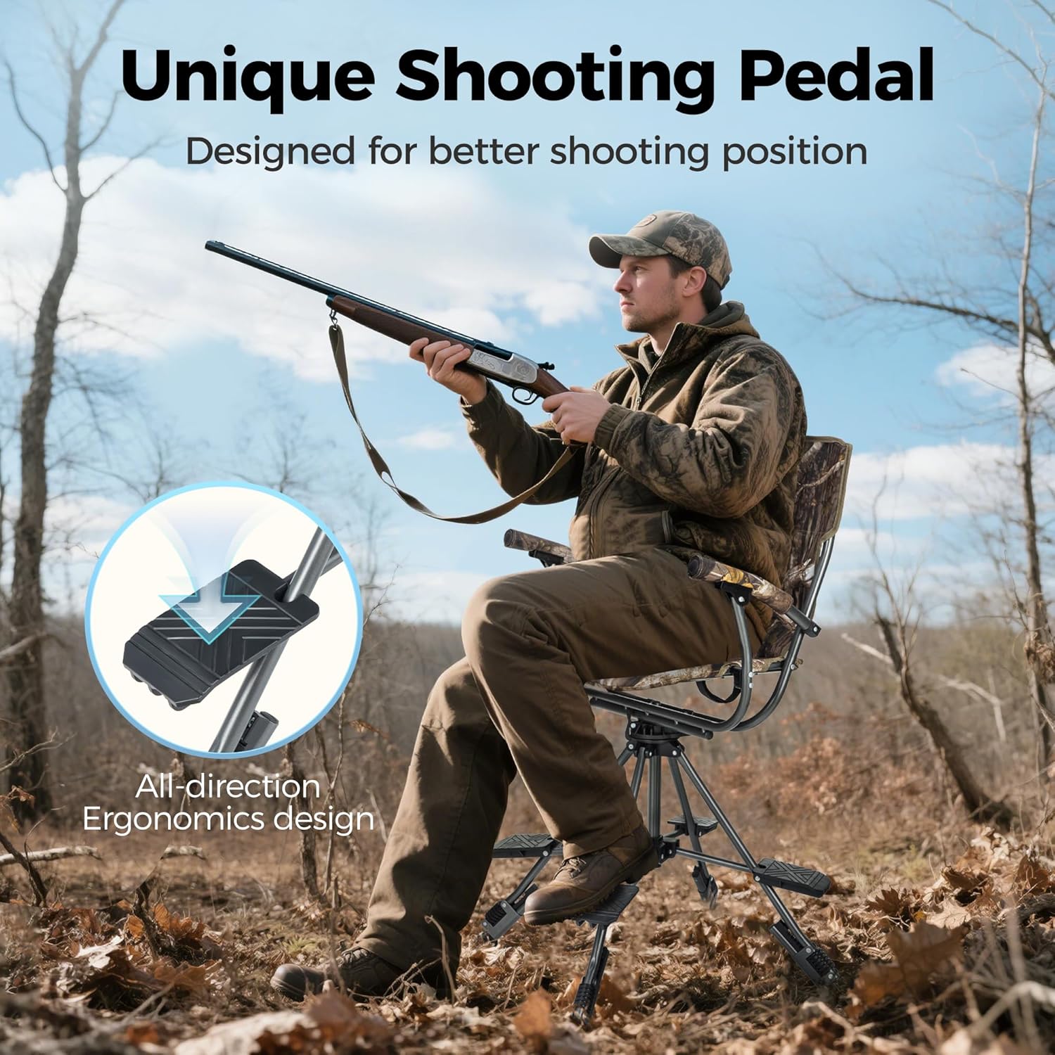 ALPHA CAMP Folding Hunting Chair with 4 Unique Shooting Pedals, 360 Degree Silent Swivel Hunting Blind Chair, Tool-Free Assemble Hunting Seat with Camouflage Pattern - Image 6