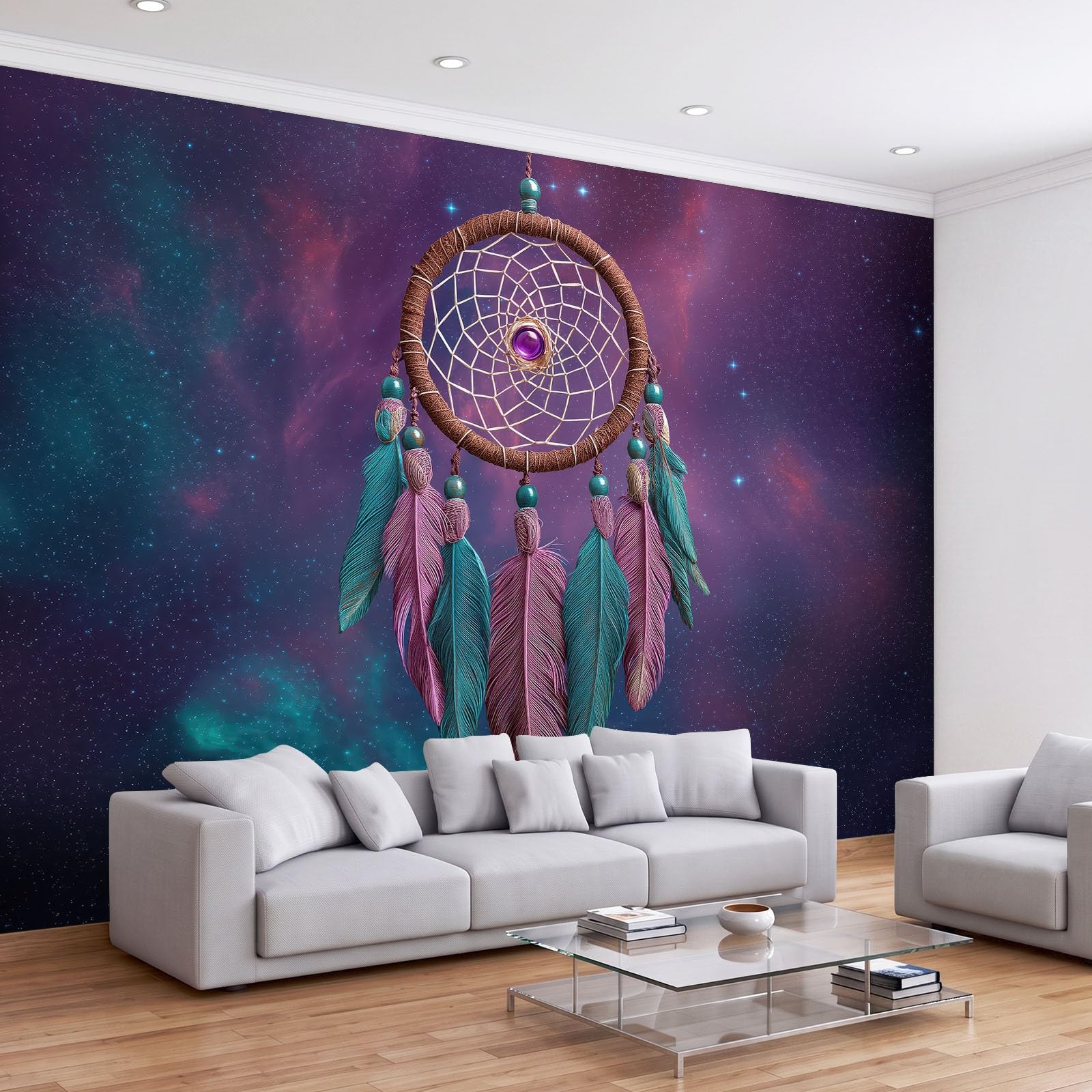 Fototapete Traumfänger Federn Sternenhimmel B250 x H175 cm | Vliestapete Wandtapete Boho Fototapeten für Wohnzimmer Schlafzimmer Kinderzimmer, Wanddeko 3D Effekt Motivtapeten