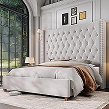 Jocisland King Size Bed Frame with 61.4" Tall Headboard, Velvet Upholstered Wingback Platform Design, Handcrafted Pleats& Deep Button Tufted, Solid Wood Legs, No Box Spring Needed, Cream
