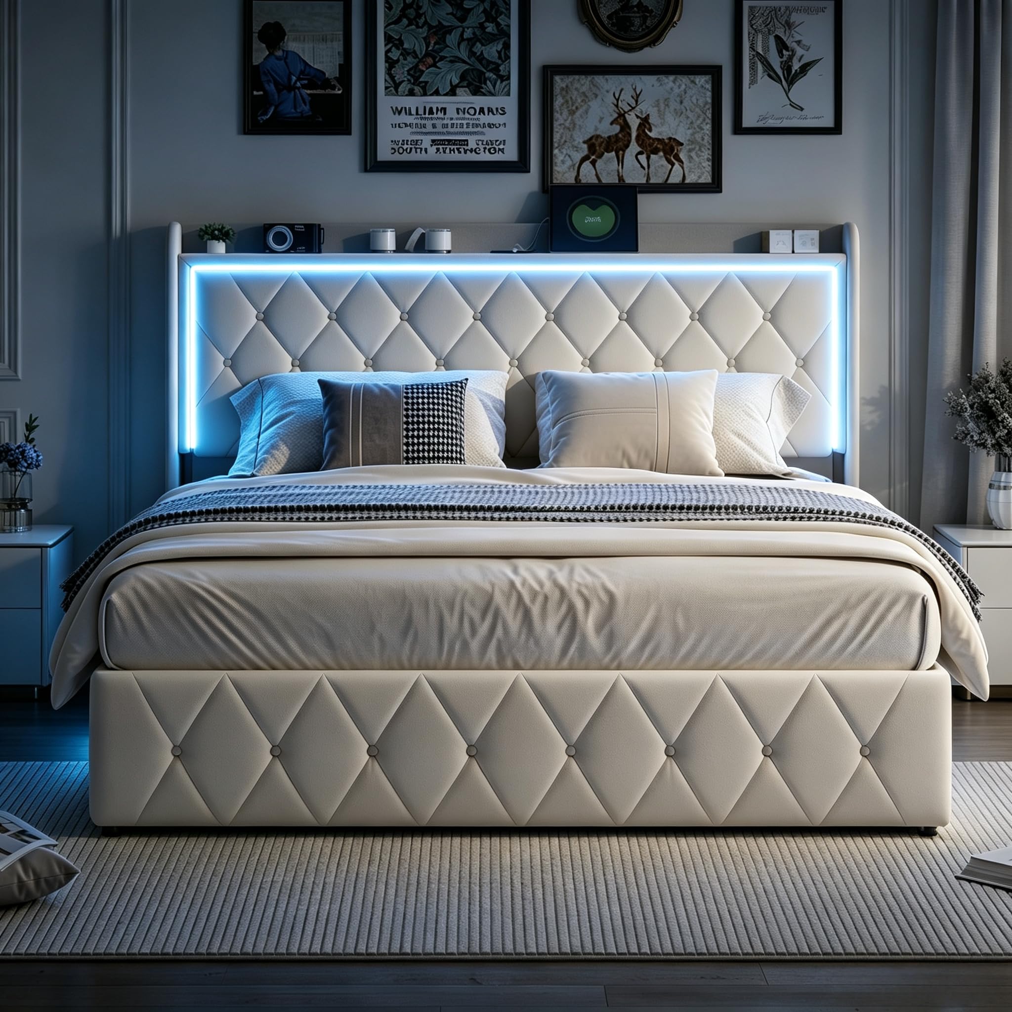 DADEA Cama Tapizada 160x200 con Almacenaje, Cama Doble Matrimonio Moderna con LED y USB, Camas Matrimoniales Tapizadas con CanapéCama Canape 160x200 con Cabecero Camas Adultos con Somier, Sin colchón