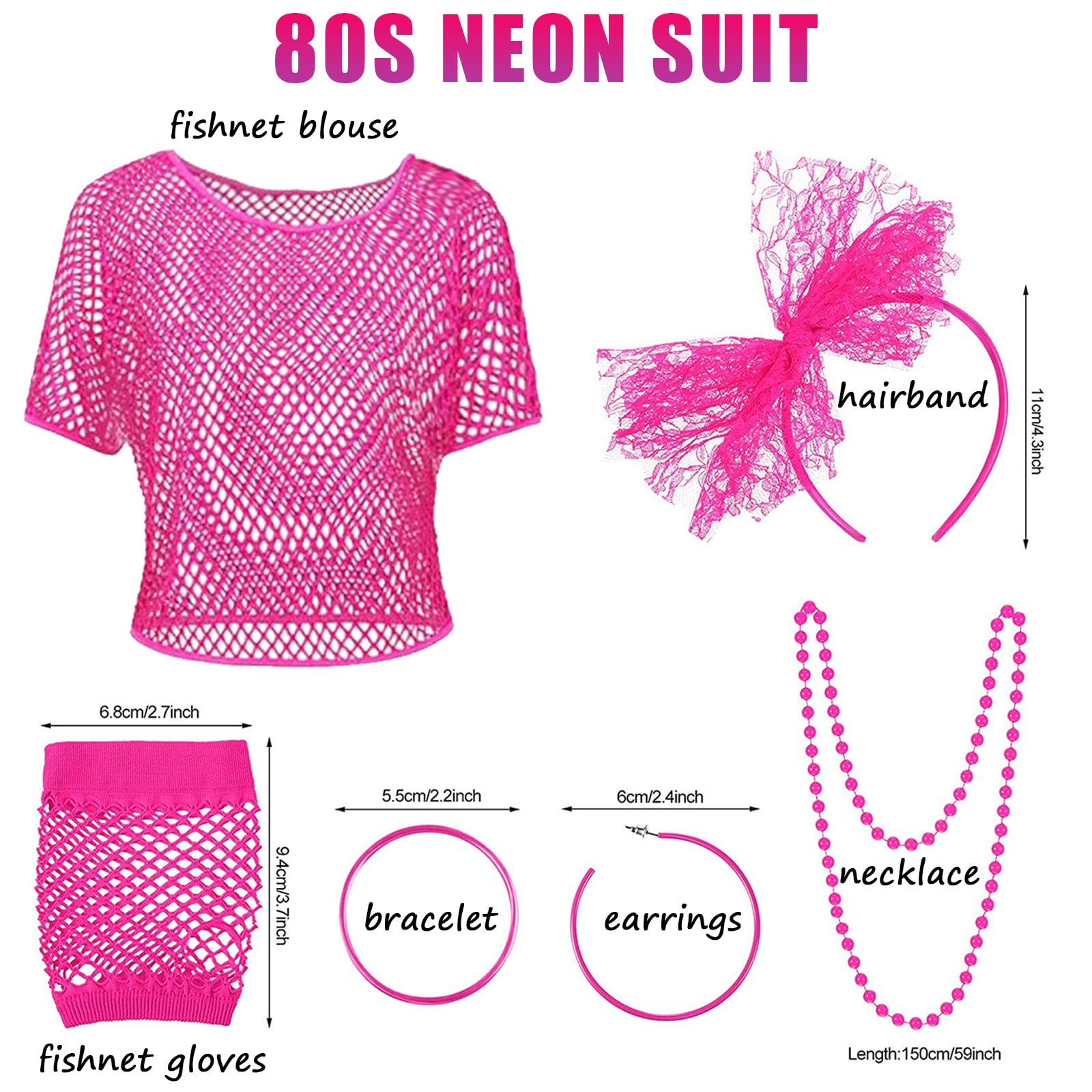 TYXHXTF 6Pcs 80s Fancy Dress Costume Accessories for Women 1980s Retro Theme Party Set including Lace Headband Earrings Necklace Fishnet Glove Fishnet Top - Image 2