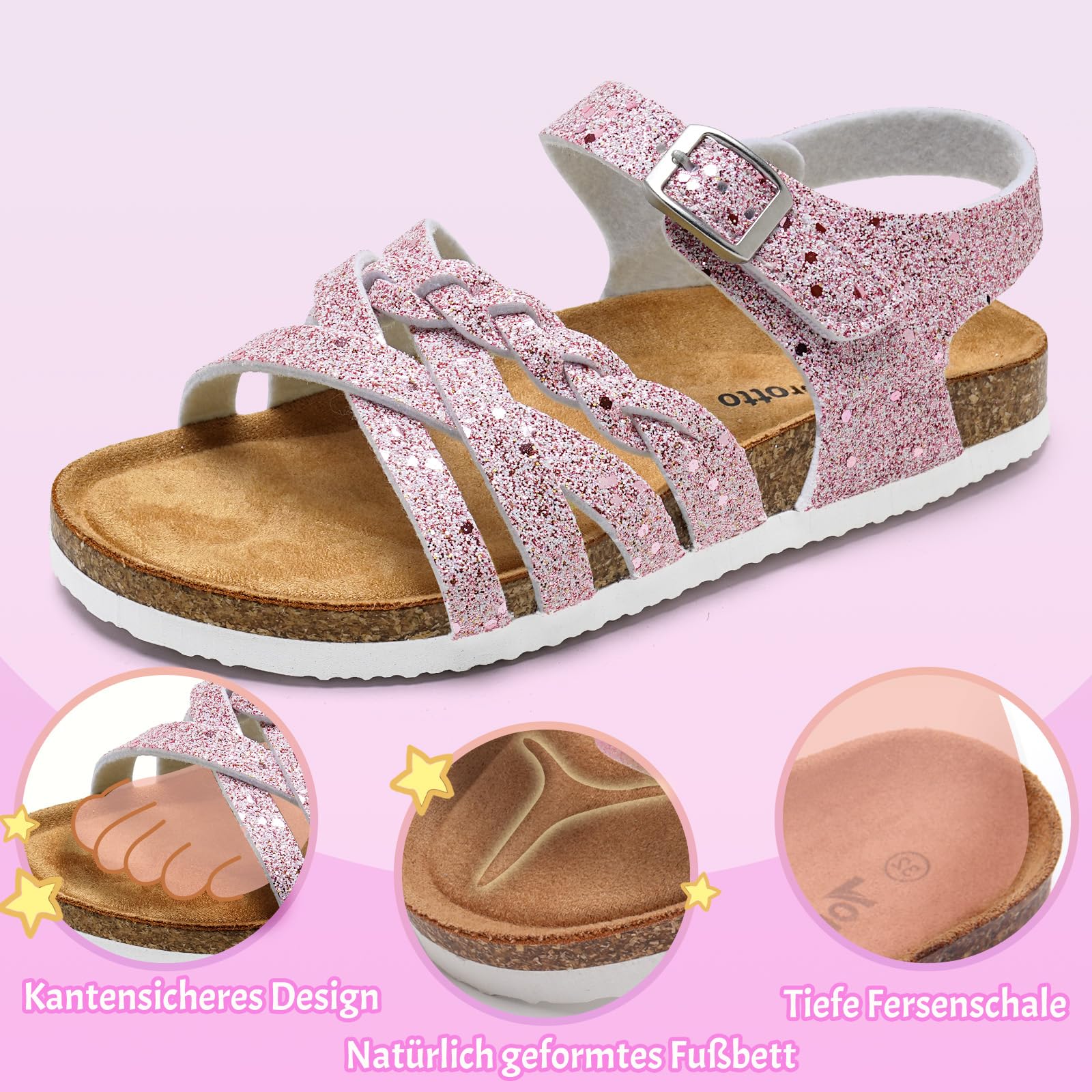 Torotto Sandalen Mädchen Mit Kork Sandals Kinder Pantoffeln Riemen Verstellbare Schnalle Rutschfeste Mit Klettverschluss Sandaletten für Drinnen und Draußen(Rosa Glitter, 33EU)