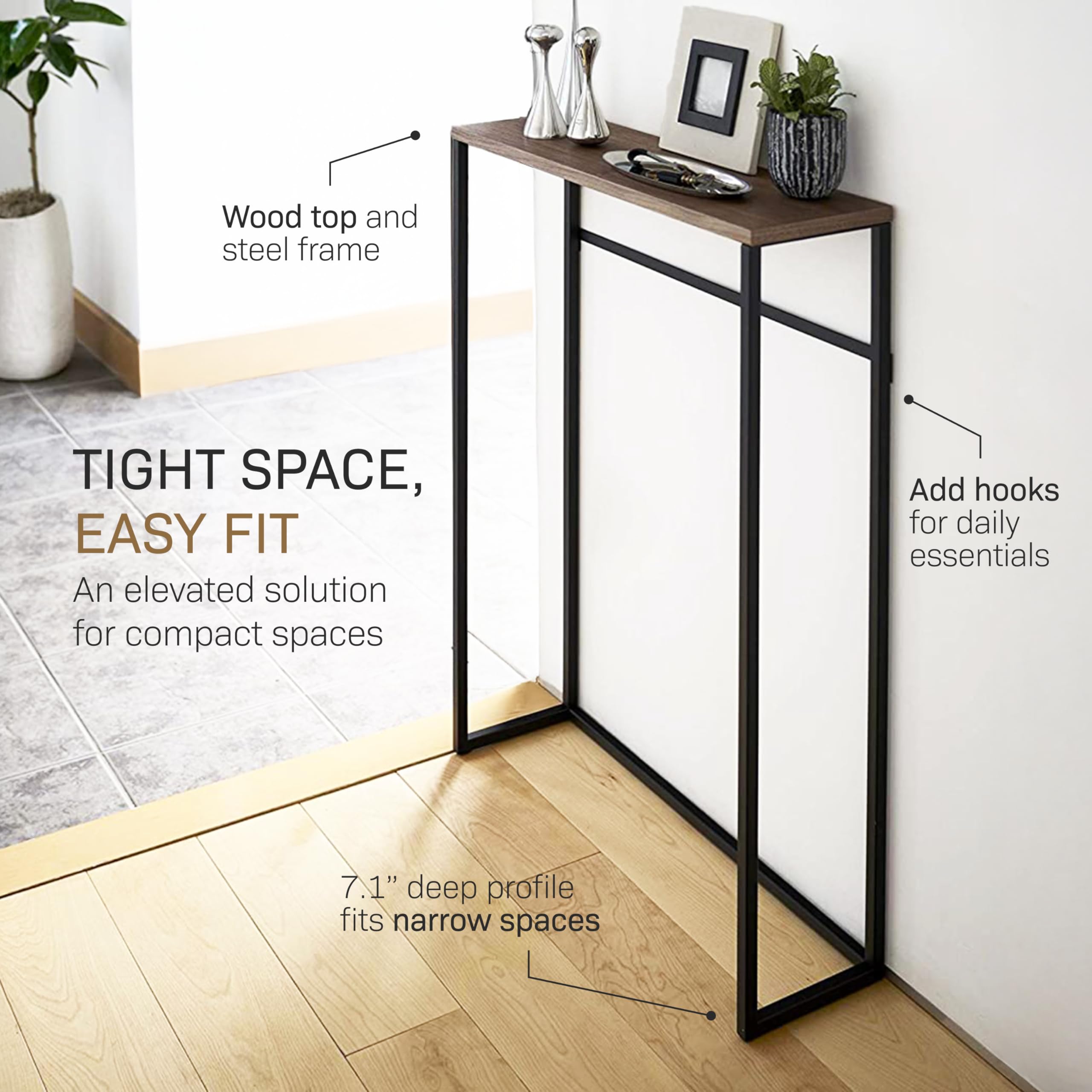 YAMAZAKI 5165 TOWER stolik konsolowy, czarny, stal/drewno, minimalistyczny design, 60 x 18,5 x 80,5 cm (dł. x szer. x wys.)