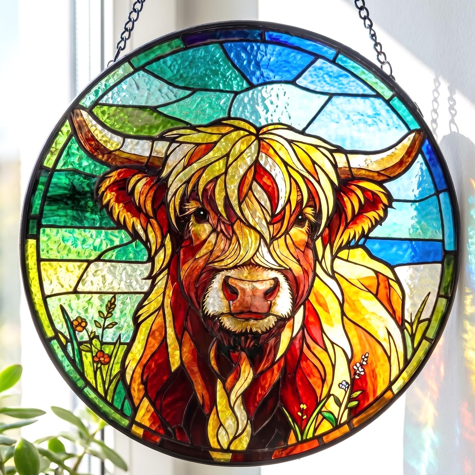 Scottish Highland Cow Stained Glass Suncatcher, Farmhouse Decoration, Kitchen Window Decor, Rustic Country Cottage Art Gift for Highland Cow Lovers