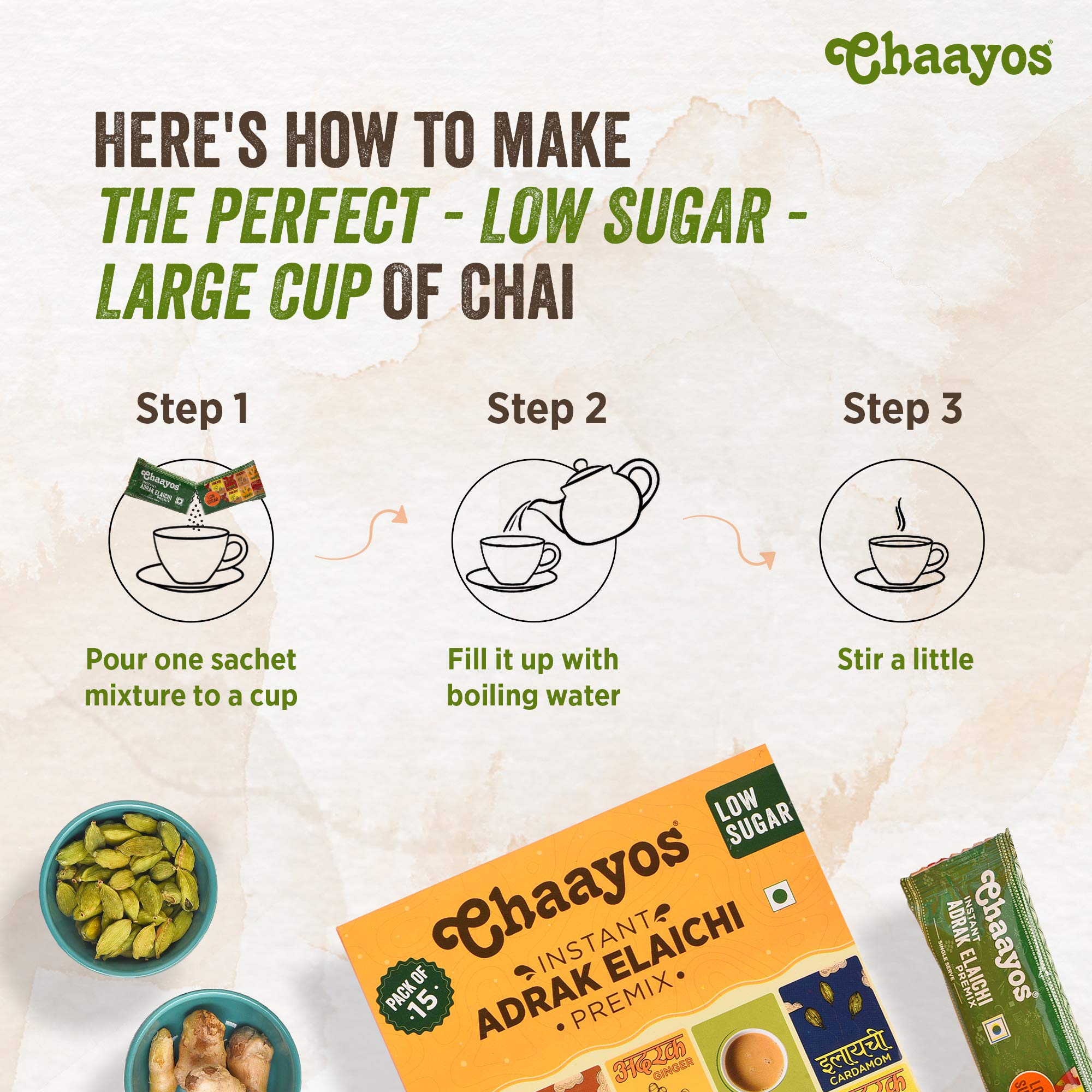 Chaayos Instant Tea Premix Low Sugar Adrak Elaichi Flavour Ginger