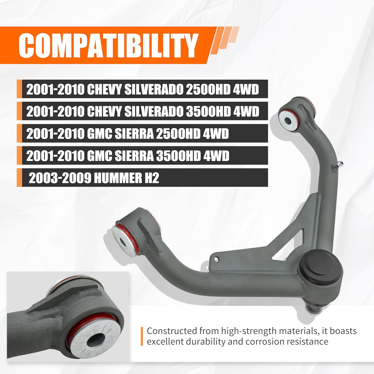 Front Upper Control Arms for 2001-2010 Chevy Silverado GMC Sierra 2500HD/3500HD 4WD, 2-4" Lift Suspension Control Arm - PU Bushing, Replacement OEM Factory Suspension Arms, Wrinkle Gray
