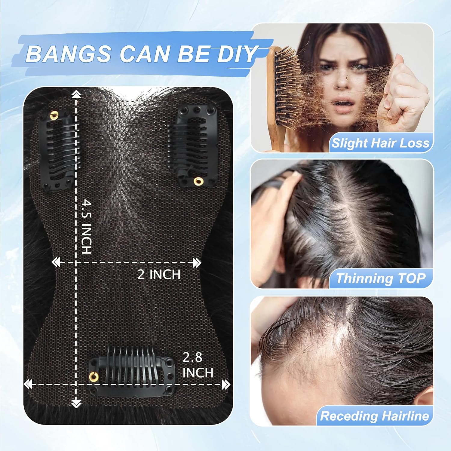 WORLDSTAR Hair Toppers for Women Real Human Hair 360°3D Coverage Hand-Tied Baby Hair Bangs 15g 10 Inch 2.8 * 4.5 Inch Base Jet Black Lace Base Clip in Bangs Middle Part for Thinning Hair (#t-J)