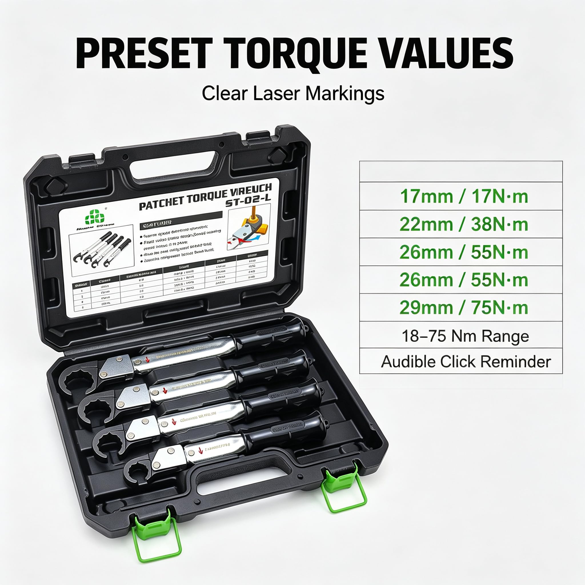 Kit chiave dinamometrica a cricchetto clic sonoro, chiave aperta 18-75 Nm | Attrezzatura professionale da garage, impugnatura ergonomica, per la manutenzione HVAC dell'auto