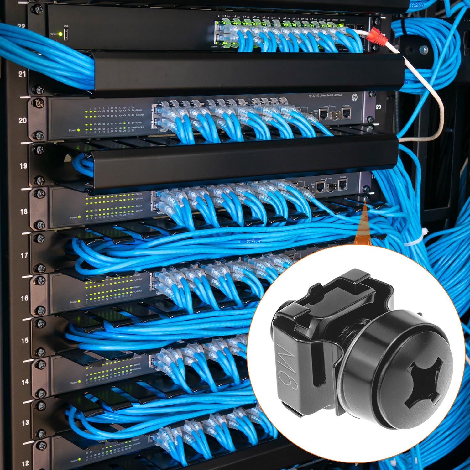 QWORK® Set di 20 viti a dado M6 per armadi di rete, compatibile con rack da 19/10 pollici - acciaio, nero